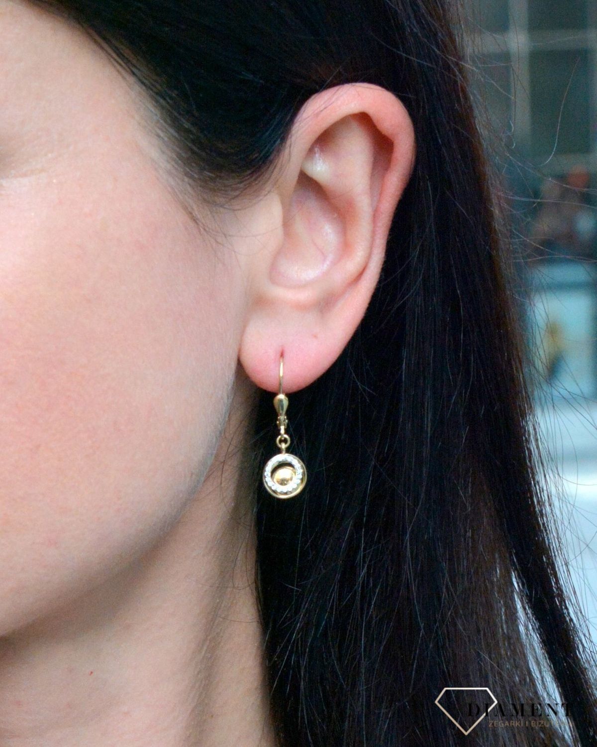Złote kolczyki wiszące kółka z błyszczącą cyrkonią DIA-KLC-4160-585.jpg