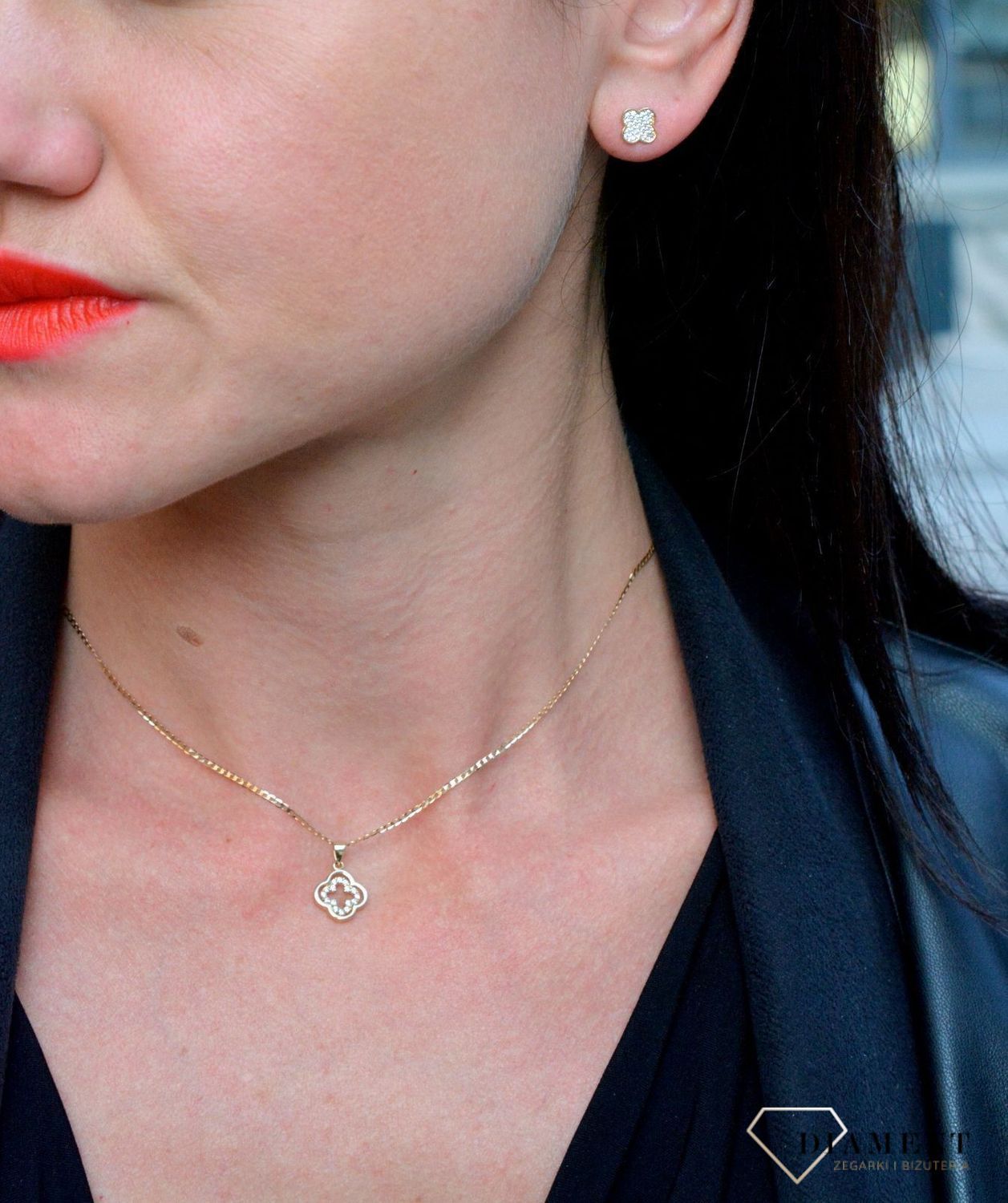 Złote kolczyki 585 koniczynki z białą cyrkonią DIA-KLC-4163-585.jpg