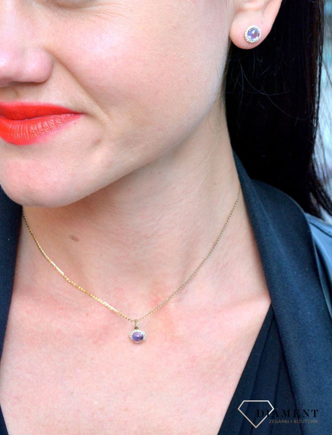 Złote kolczyki 585 przy uchu ametyst i cyrkonia DIA-KLC-4171-585.jpg