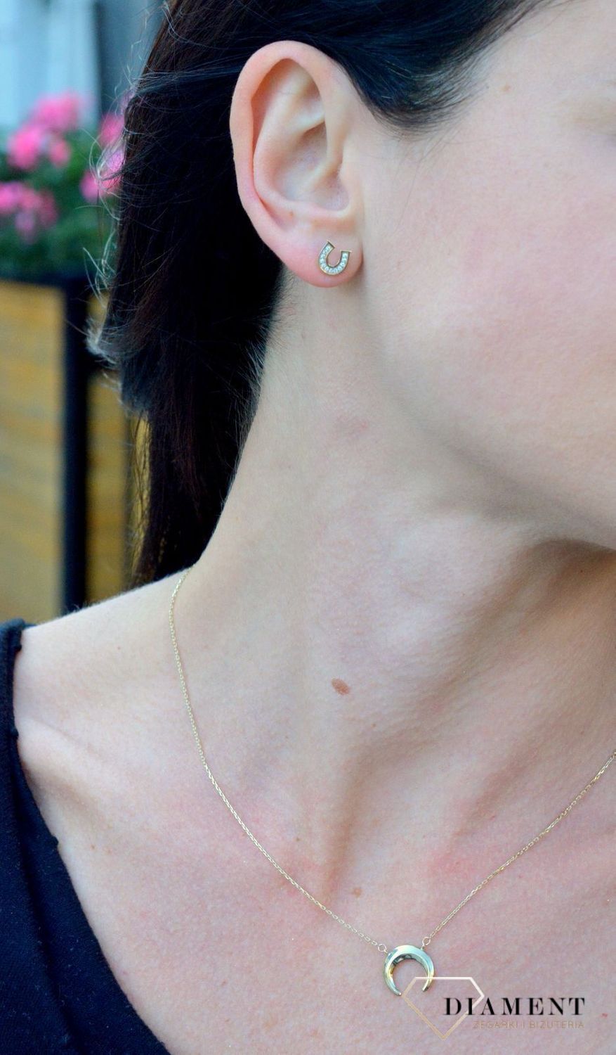 Złote kolczyki na szczęście Podkowy z cyrkonią DIA-KLC-4207-585.jpg