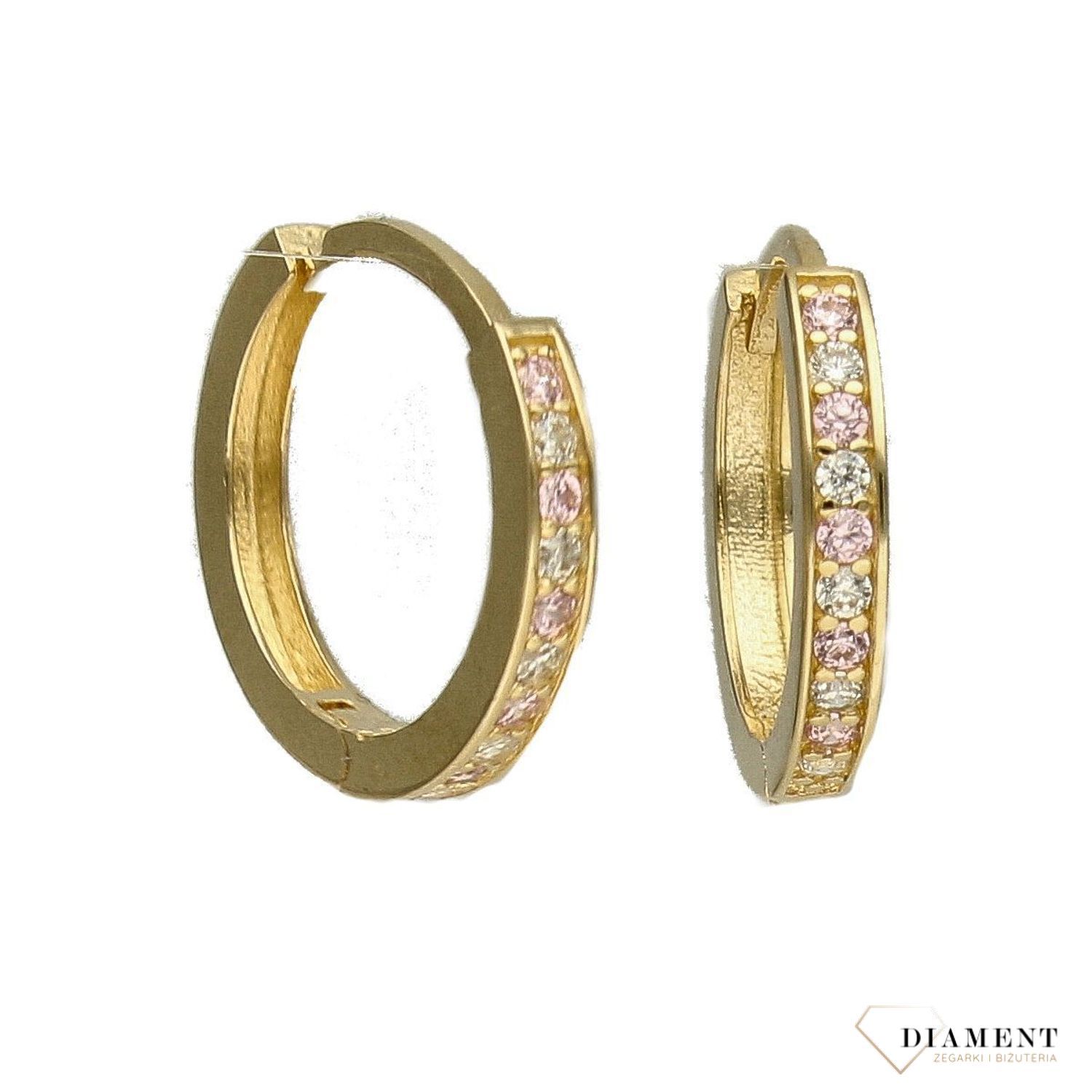 Złote kolczyki koła z błyszczącą cyrkonią białą oraz różową DIA-KLC-4208-585.jpg