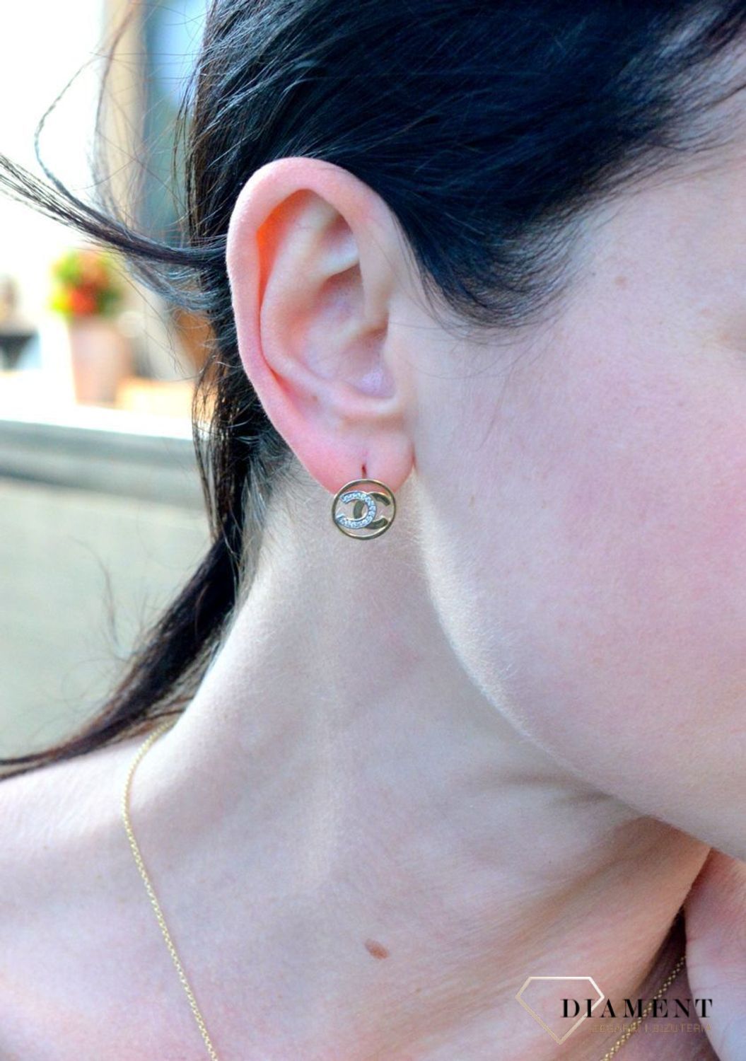 Złote kolczyki na sztyft modny wzór okrągłe 'Chanelki' z cyrkonią DIA-KLC-4211-585.jpg