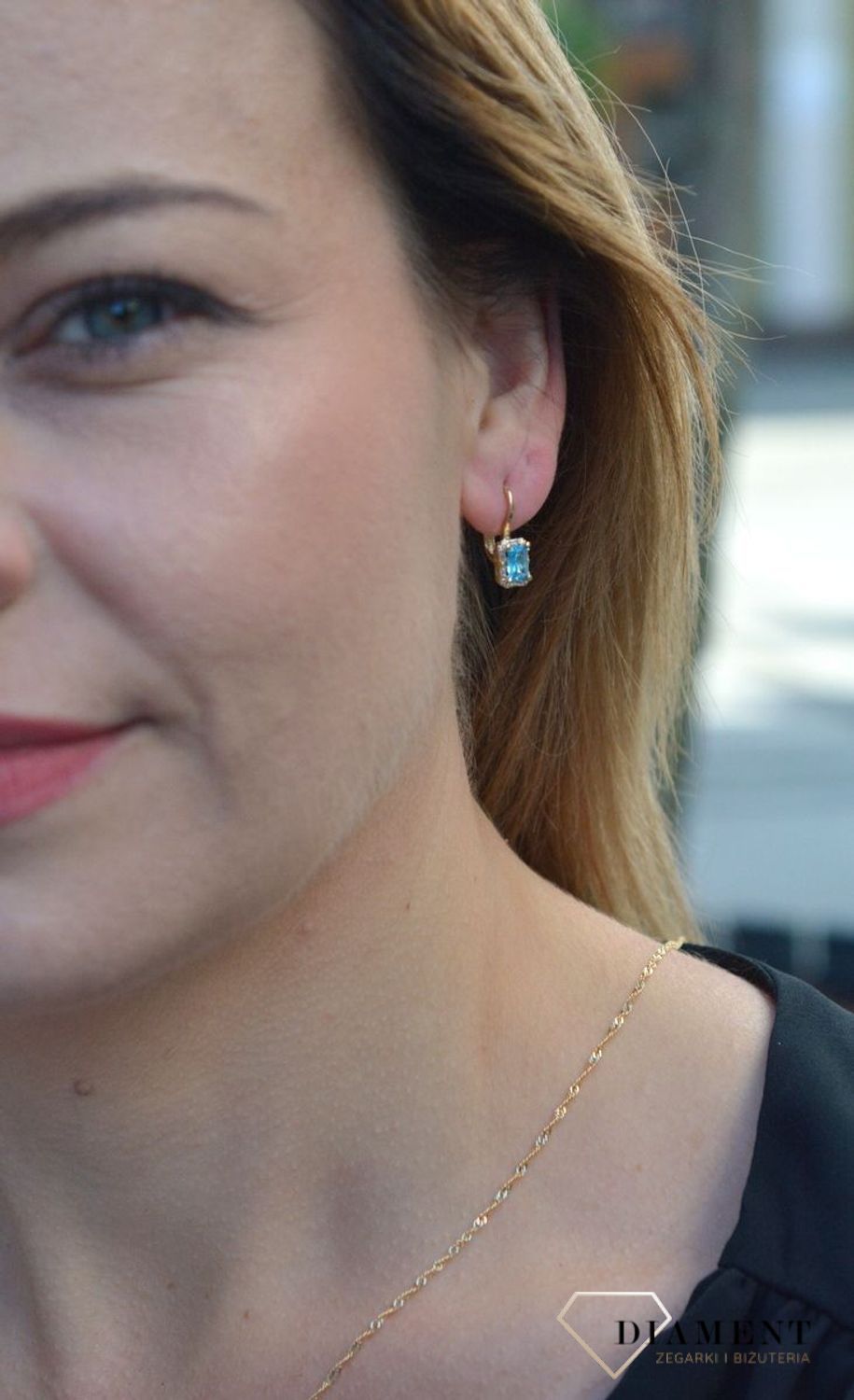 Złote kolczyki 585 z niebieską cyrkonią DIA-KLC-4217-585.jpg