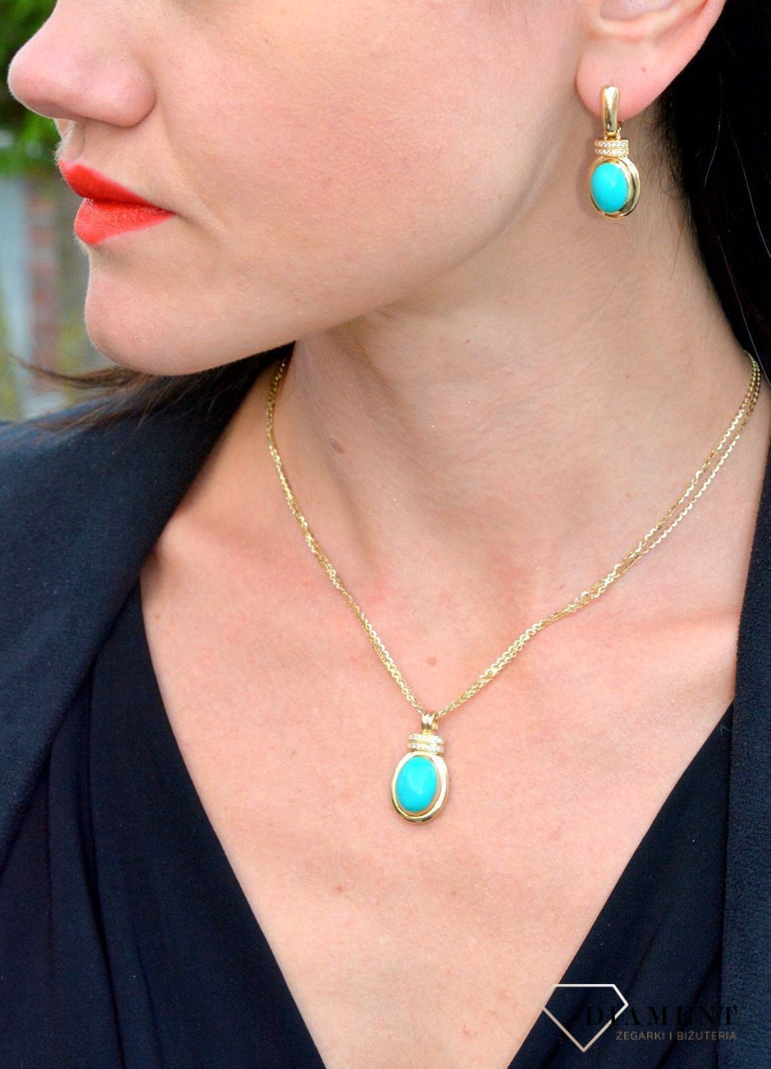 Złote kolczyki wiszące z oczkiem w kolorze turkusu DIA-KLC-4259-585.jpg