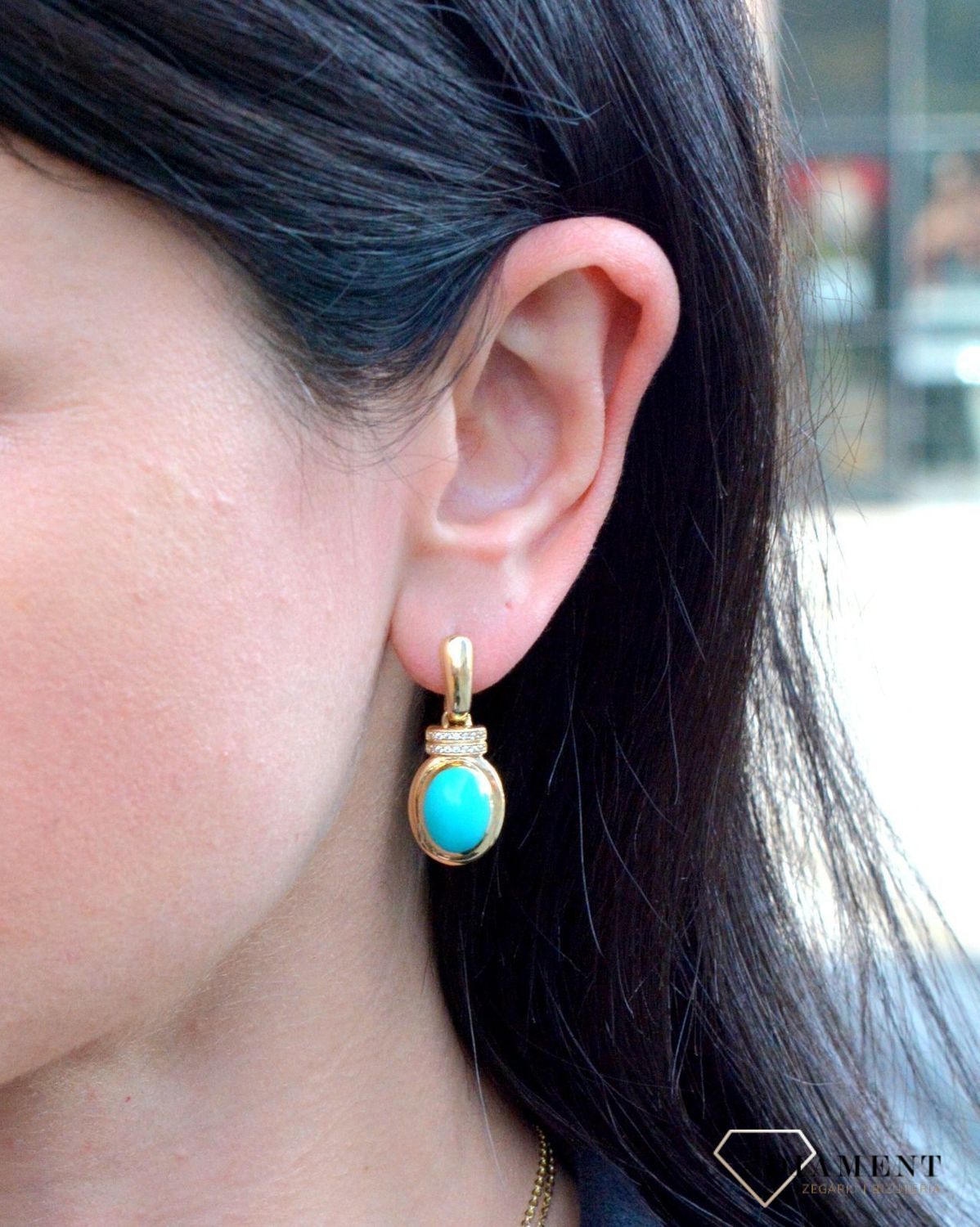 Złote kolczyki wiszące z oczkiem w kolorze turkusu DIA-KLC-4259-585.jpg