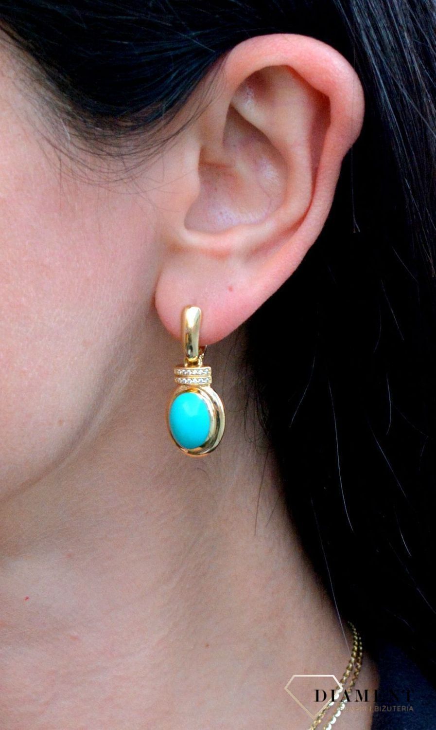 Złote kolczyki wiszące z oczkiem w kolorze turkusu DIA-KLC-4259-585.jpg