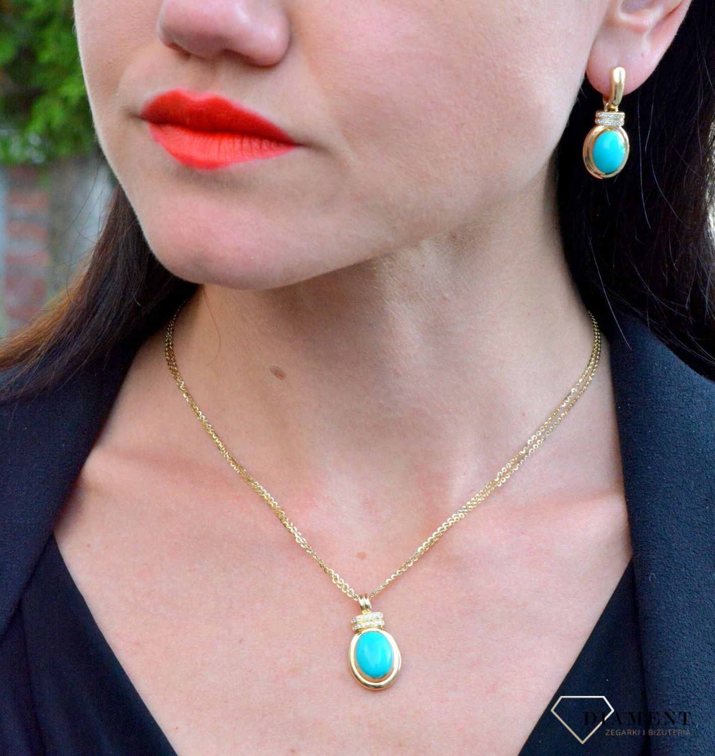 Złote kolczyki wiszące z oczkiem w kolorze turkusu DIA-KLC-4259-585.jpg