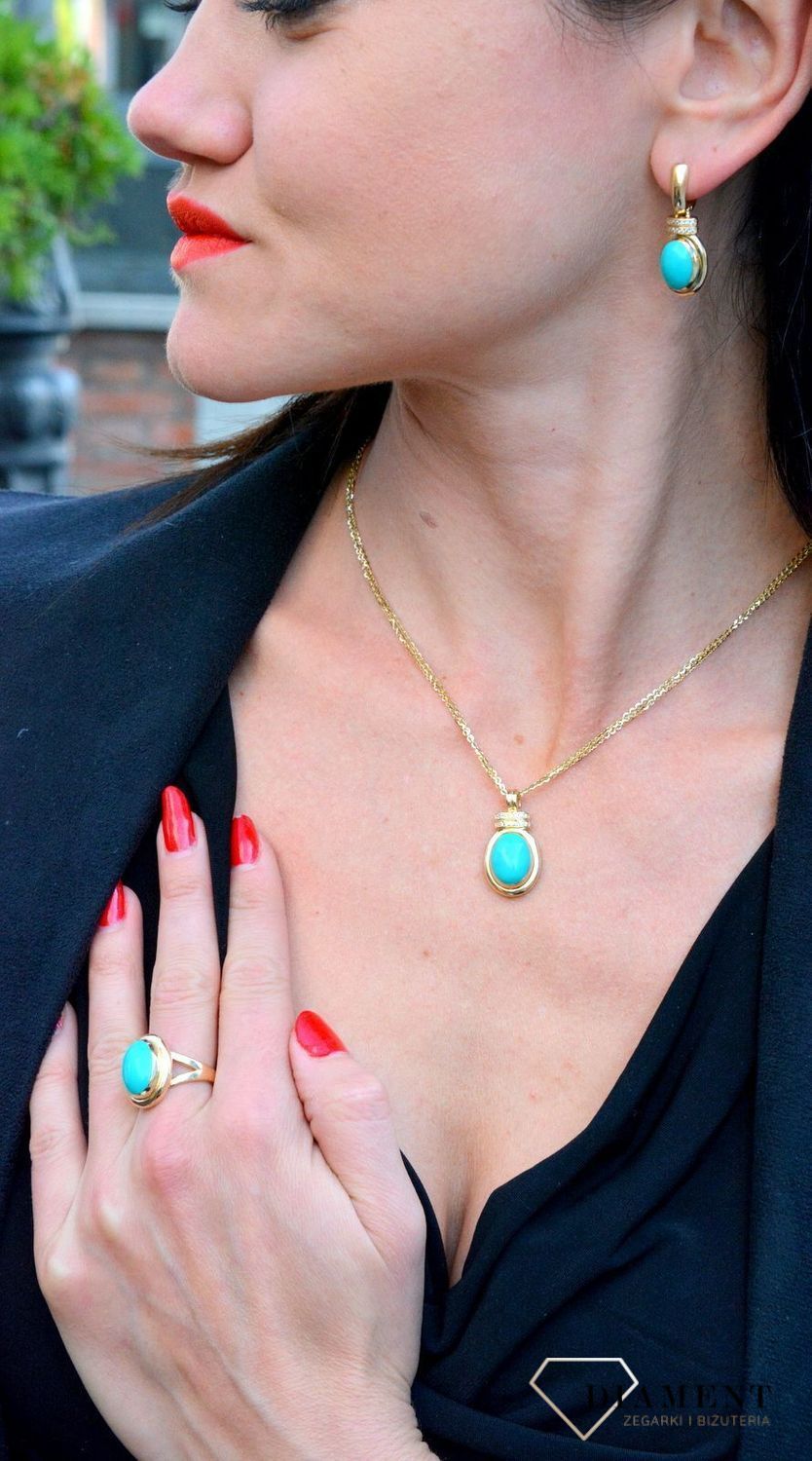 Złote kolczyki wiszące z oczkiem w kolorze turkusu DIA-KLC-4259-585.jpg