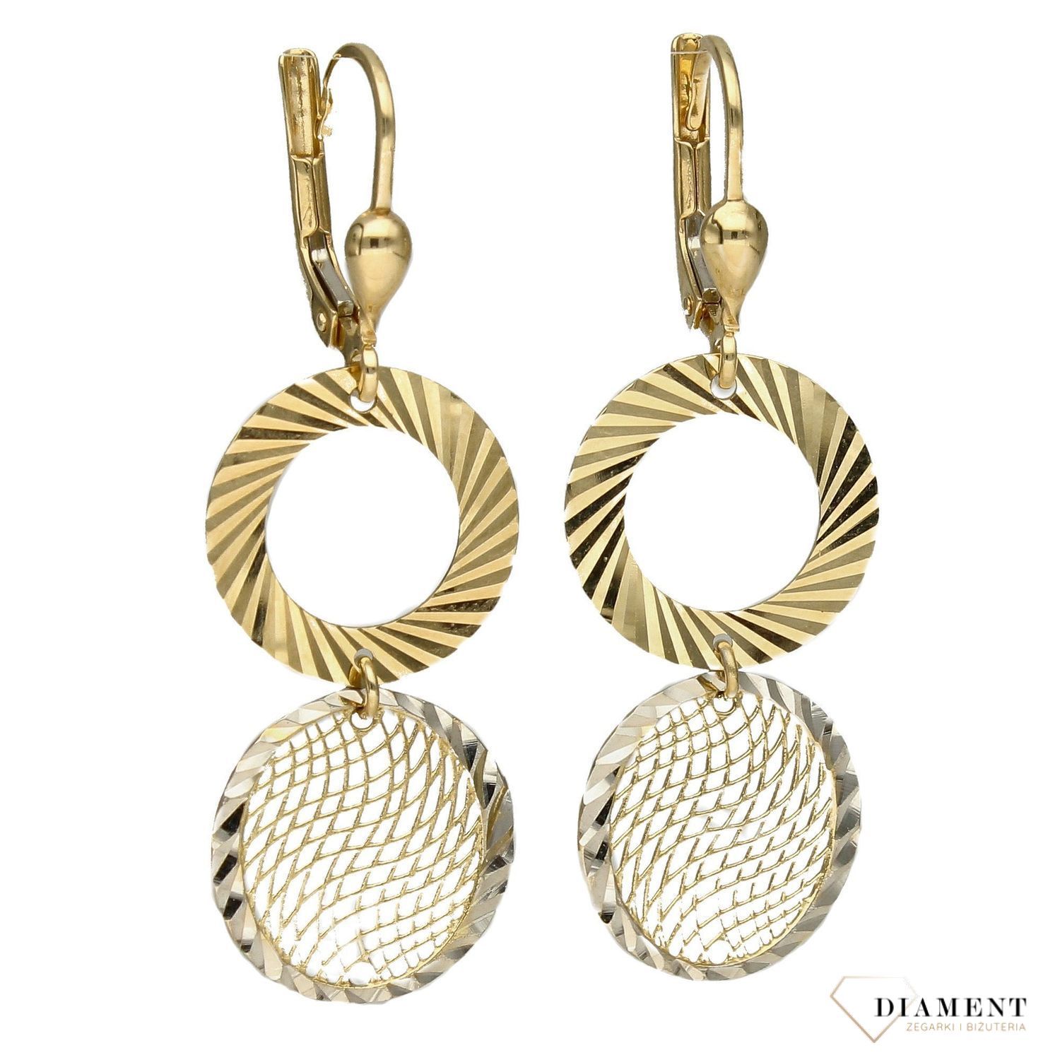 Złote kolczyki wiszące, ażurowe koła DIA-KLC-4261-585. Złote kolczyki inspirowane ponadczasowym motywem ażurowych kół.jpg