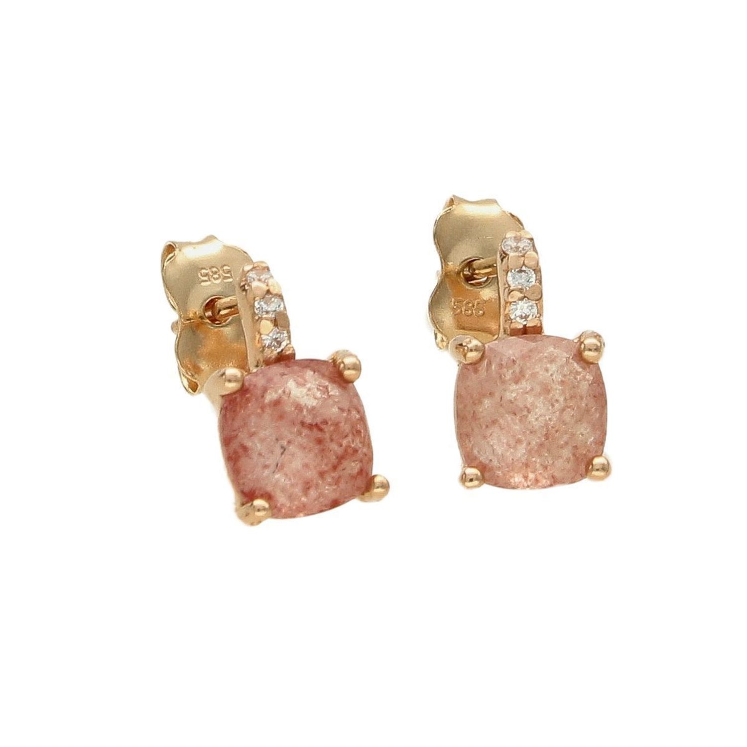 Złote kolczyki klasyczne kwarc różowy i cyrkonia DIA-KLC-4268-585. Przepiękne, złote kolczyki w oryginalnej i ponadczasowej formie ozdobione kwarcem różowym i białą cyrkonią.jpg