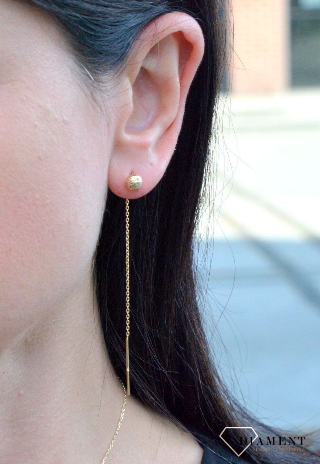 Złote kolczyki przeciągane z grawerowana kuleczką DIA-KLC-4270-585.jpg