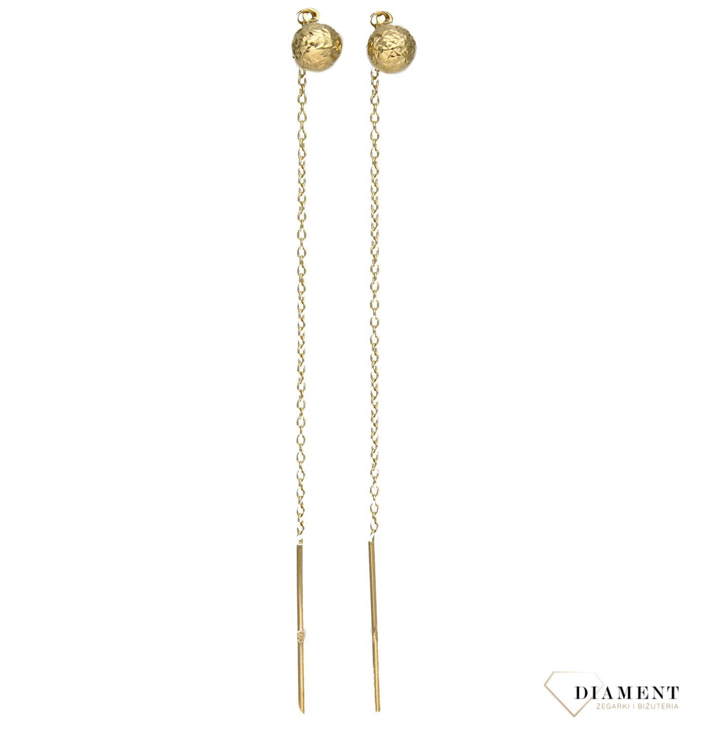Złote kolczyki przeciągane z grawerowana kuleczką DIA-KLC-4270-585.jpg