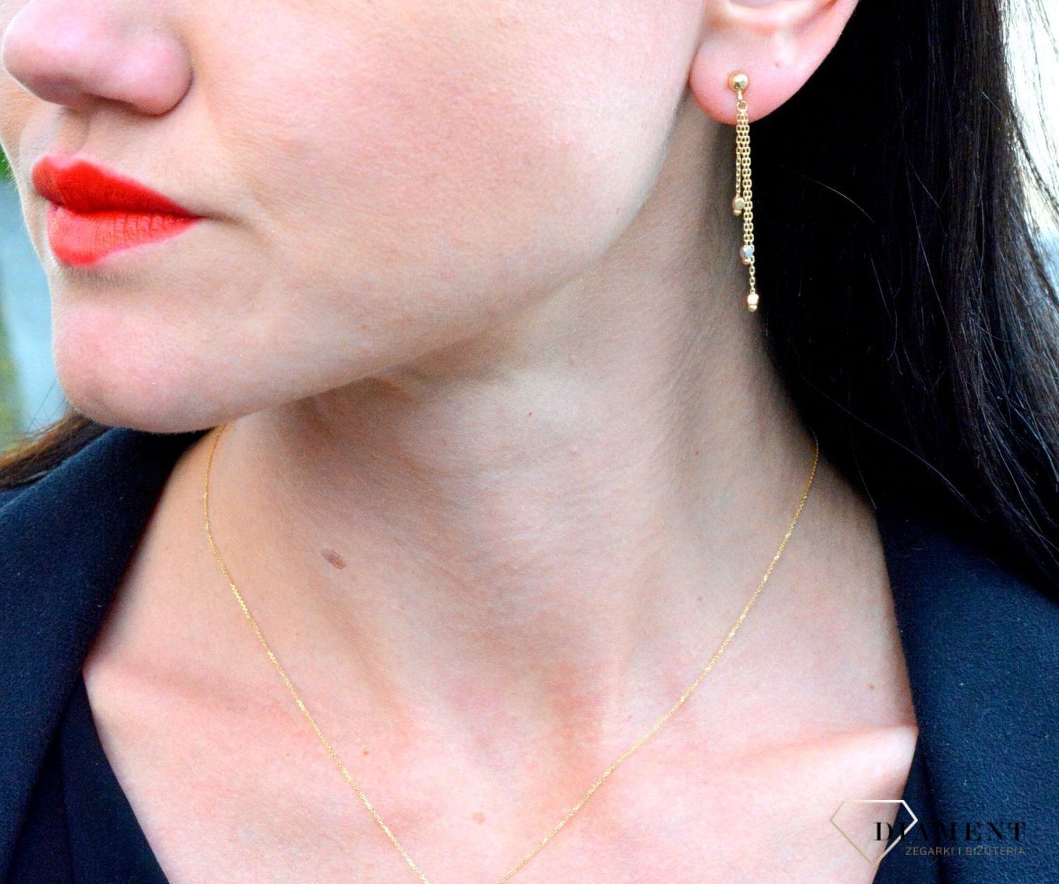 Złote kolczyki wiszące łańcuszki zakończone złotymi kuleczkami DIA-KLC-4273-585.jpg