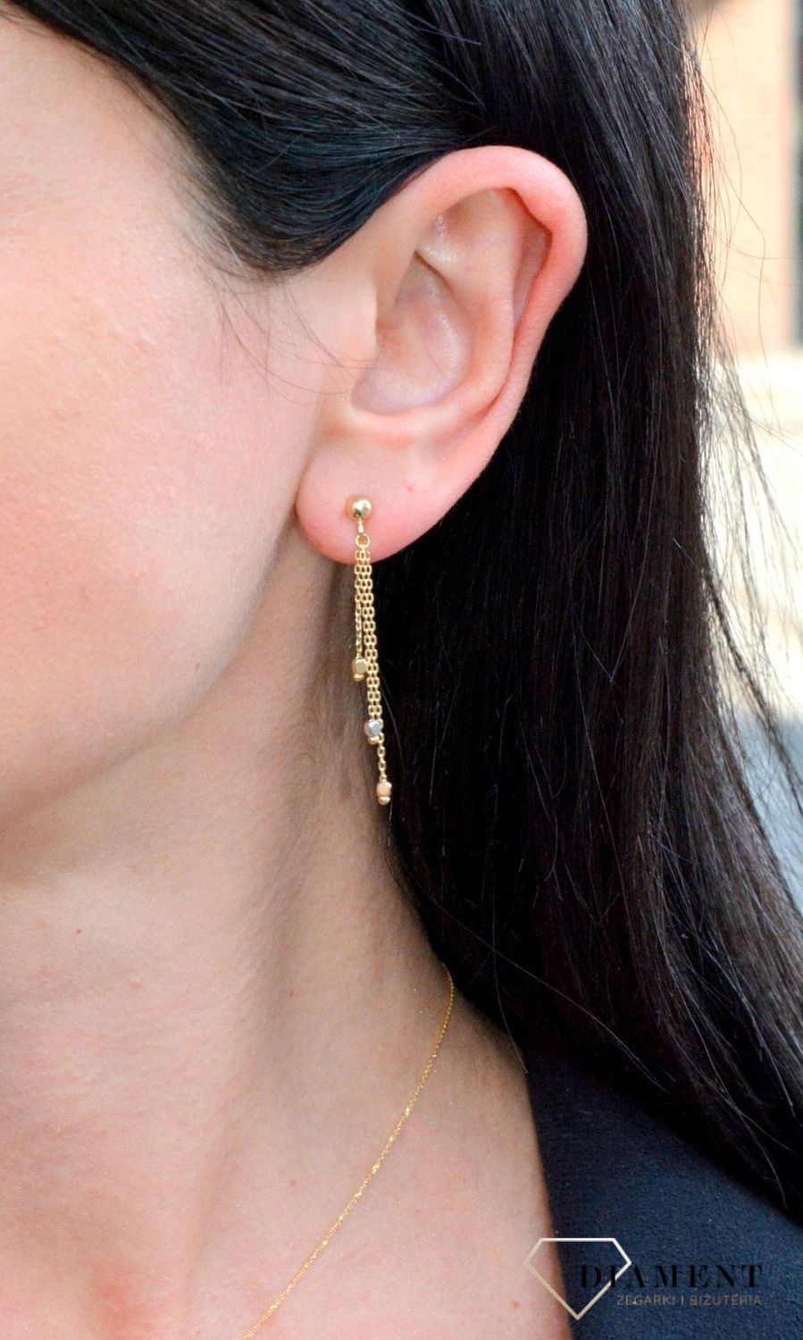 Złote kolczyki wiszące łańcuszki zakończone złotymi kuleczkami DIA-KLC-4273-585.jpg