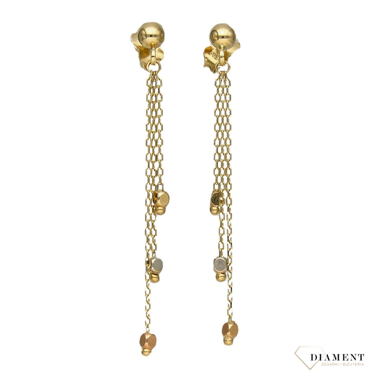 Złote kolczyki wiszące łańcuszki zakończone złotymi kuleczkami DIA-KLC-4273-585.jpg