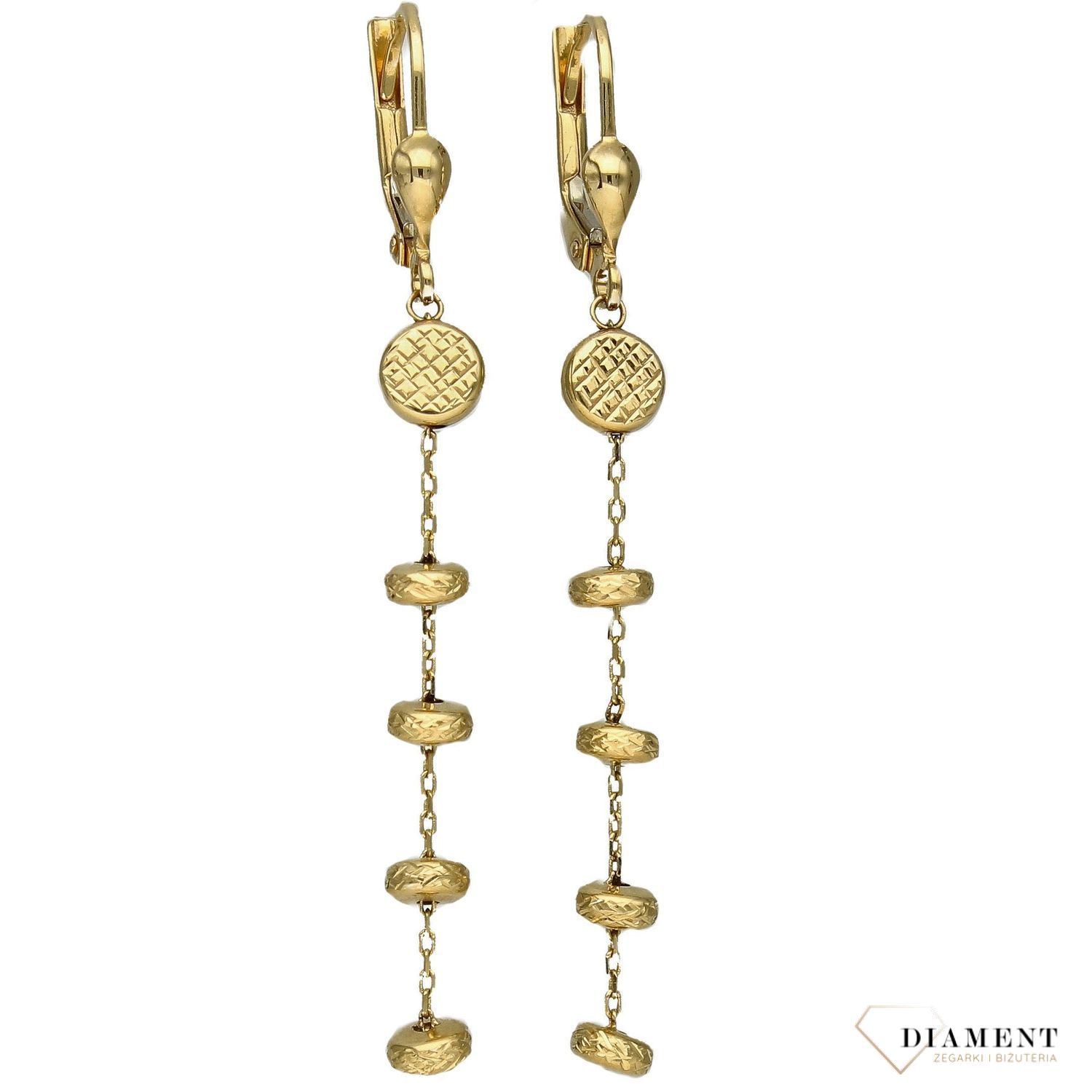 Złote kolczyki 585 wiszące z grawerowanymi kuleczkami DIA-KLC-4274-585.jpg