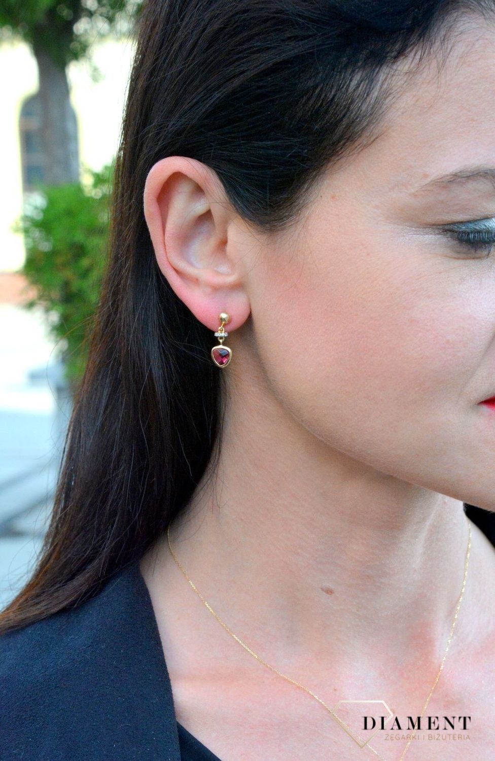 Złote kolczyki wiszące z czerwoną cyrkonią DIA-KLC-4275-585.jpg