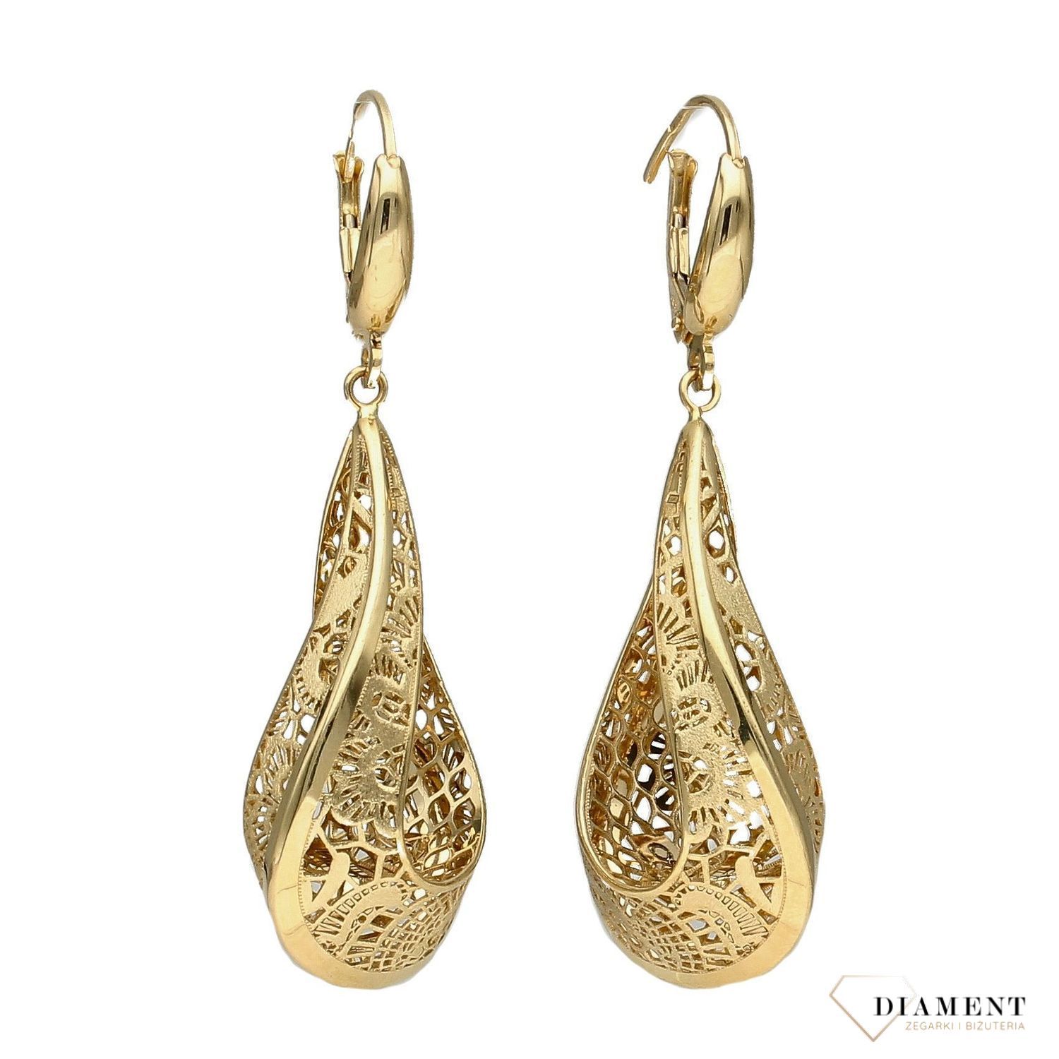 Złote kolczyki ażurowe, skręcone kółka DIA-KLC-4292-585.jpg