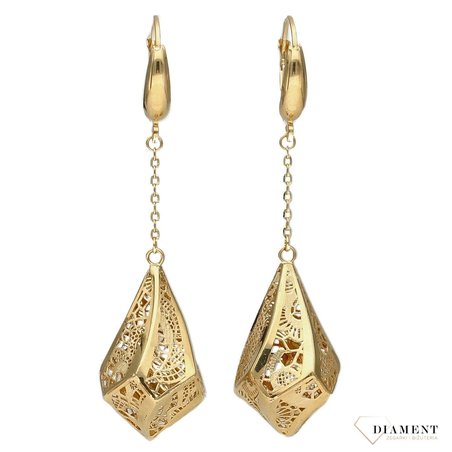 Złote kolczyki ażurowe, geometryczne zawieszki na łańcuszku DIA-KLC-4293-585.jpg