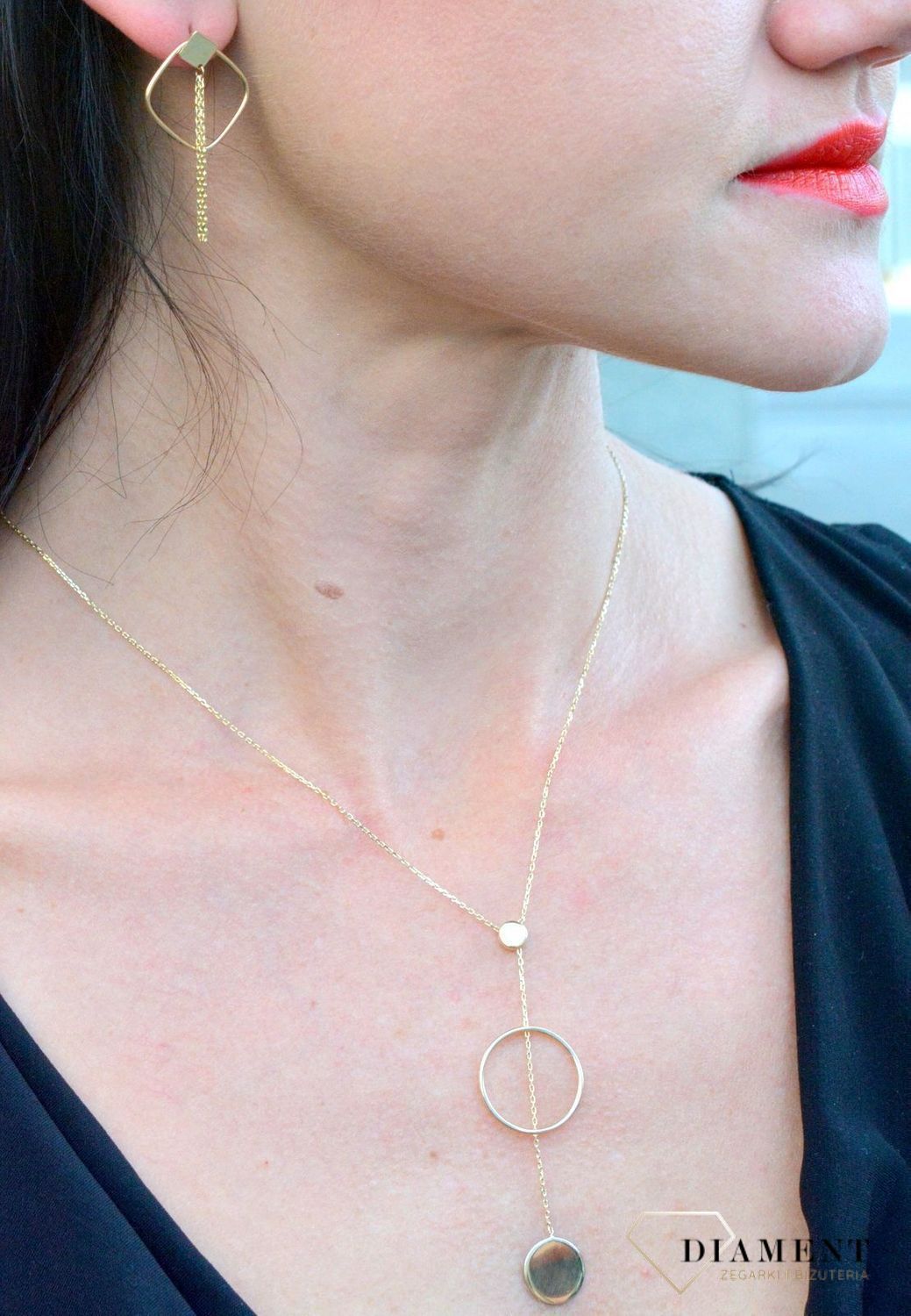 Złote kolczyki geometryczne z łańcuszkiem DIA-KLC-4300-585.jpg