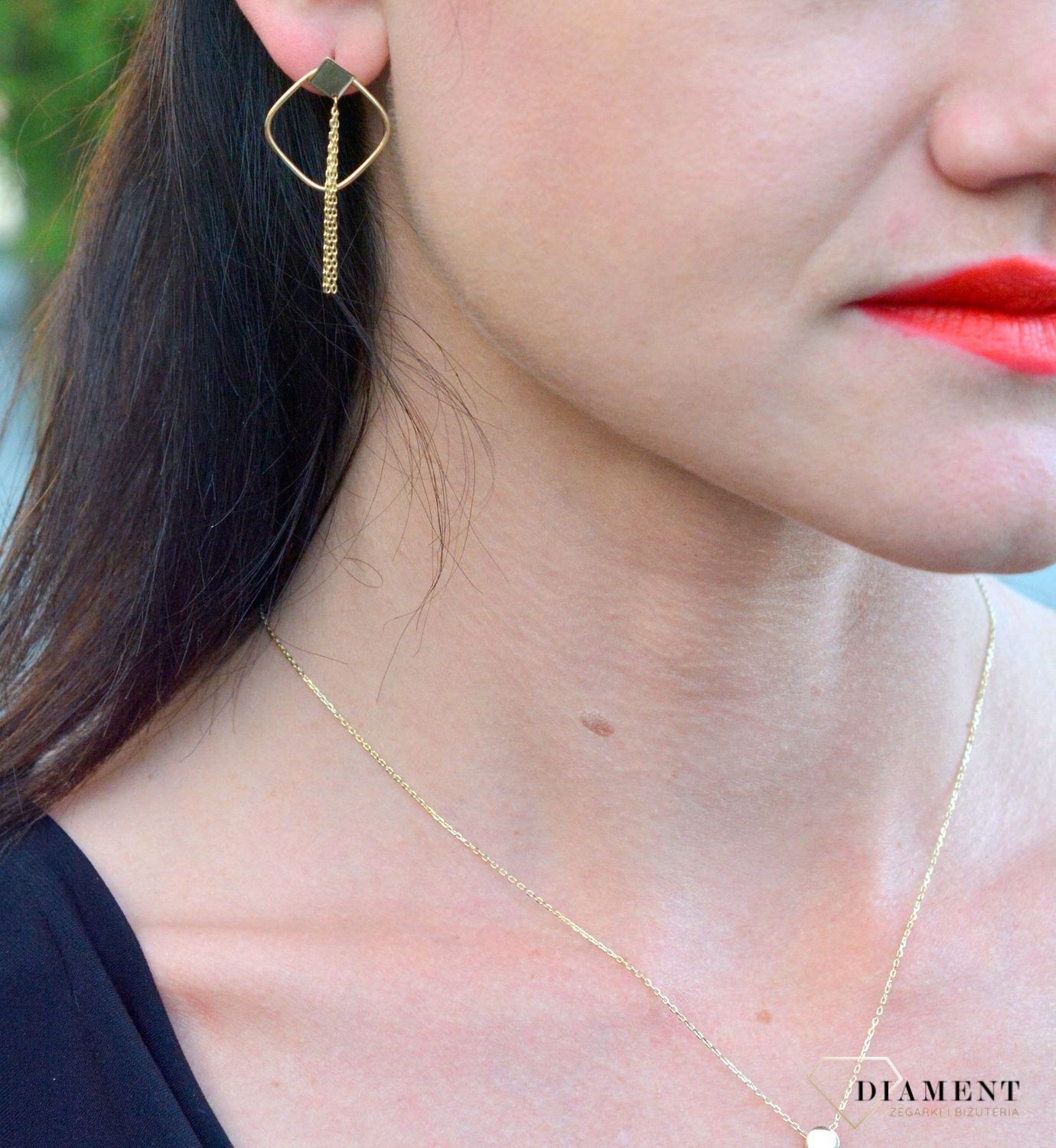Złote kolczyki geometryczne z łańcuszkiem DIA-KLC-4300-585.jpg