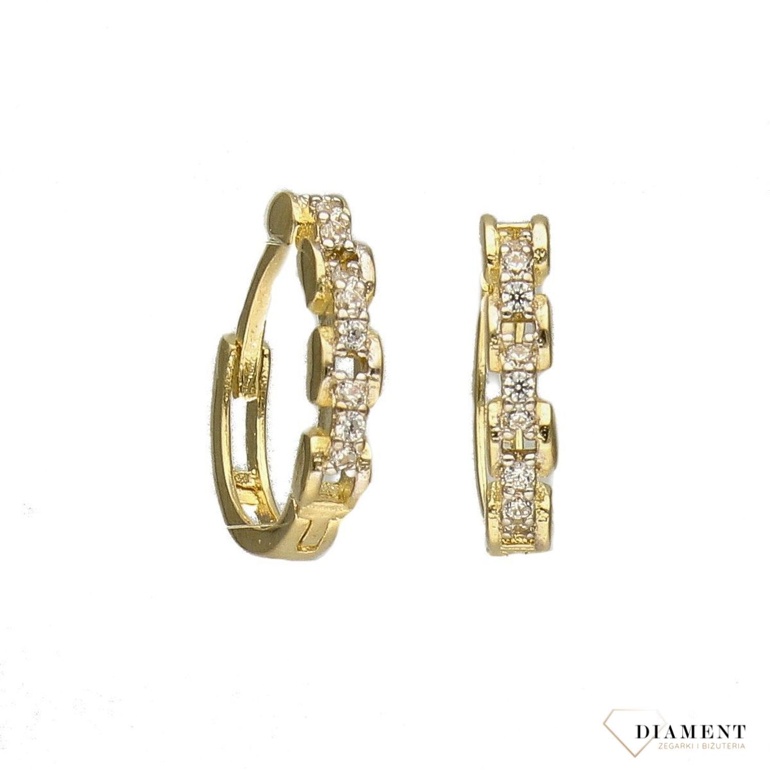 Złote kolczyki małe kółka ozdobione białą cyrkonią DIA-KLC-4323-585.jpg