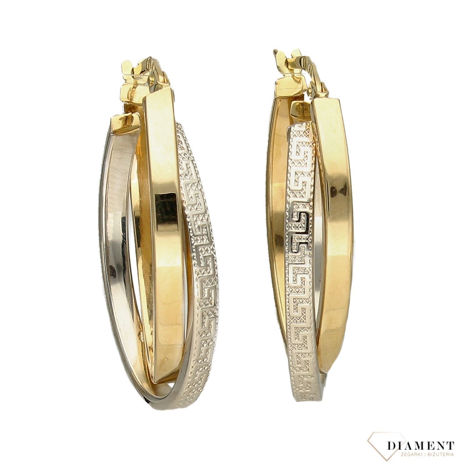 Złote kolczyki z dodatkiem białego złota i grawerowaną drogą grecką DIA-KLC-4383-585.jpg