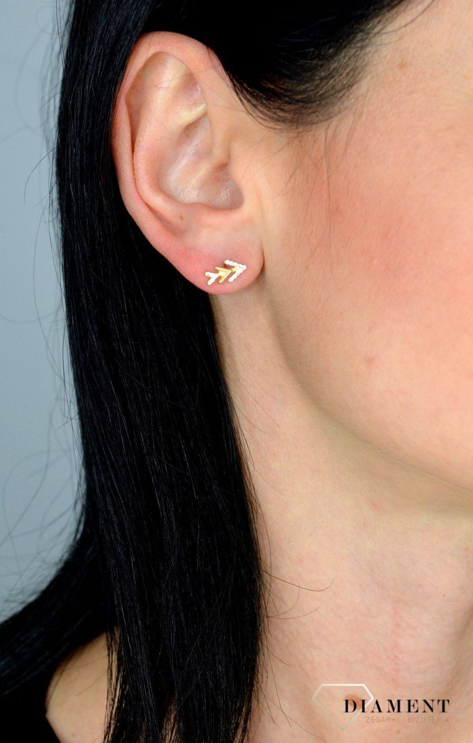 Złote kolczyki przy uchu 'strzała z cyrkonią' DIA-KLC-4410-585.jpg