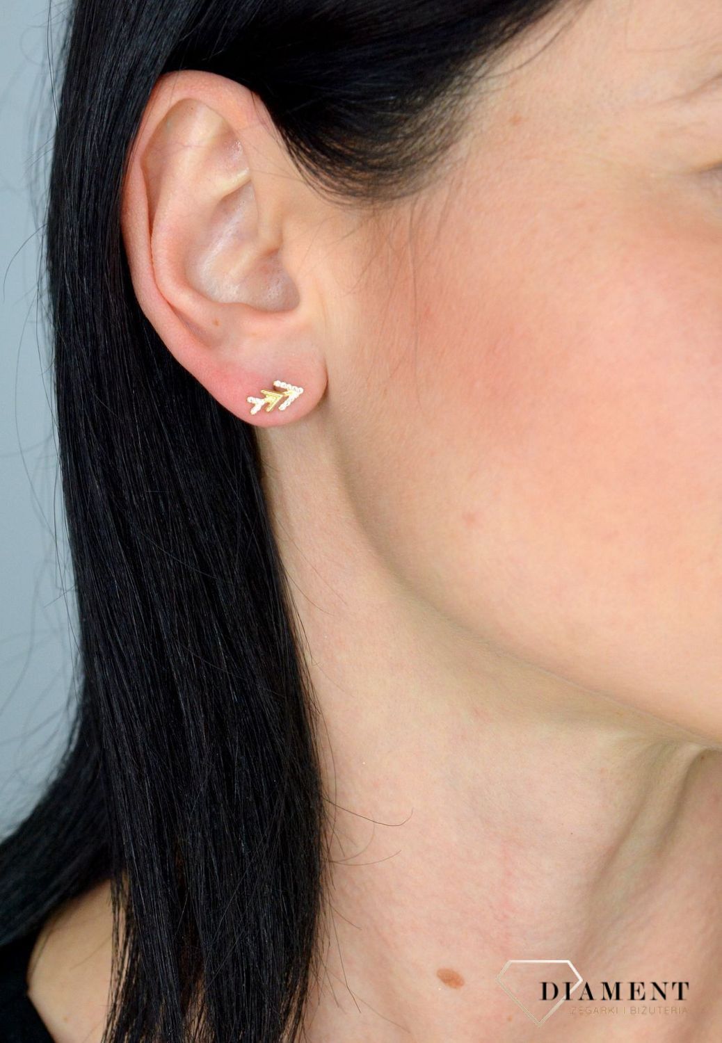Złote kolczyki przy uchu 'strzała z cyrkonią' DIA-KLC-4410-585.jpg
