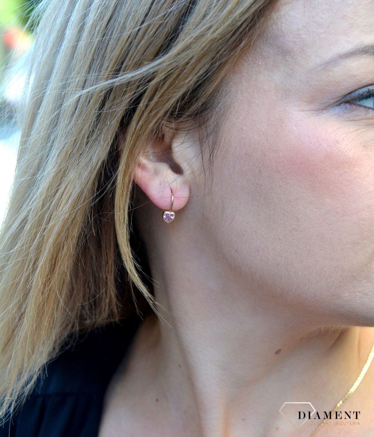 Złote kolczyki dla dziewczynki serca z różową cyrkonią DIA-KLC-4411-585.jpg