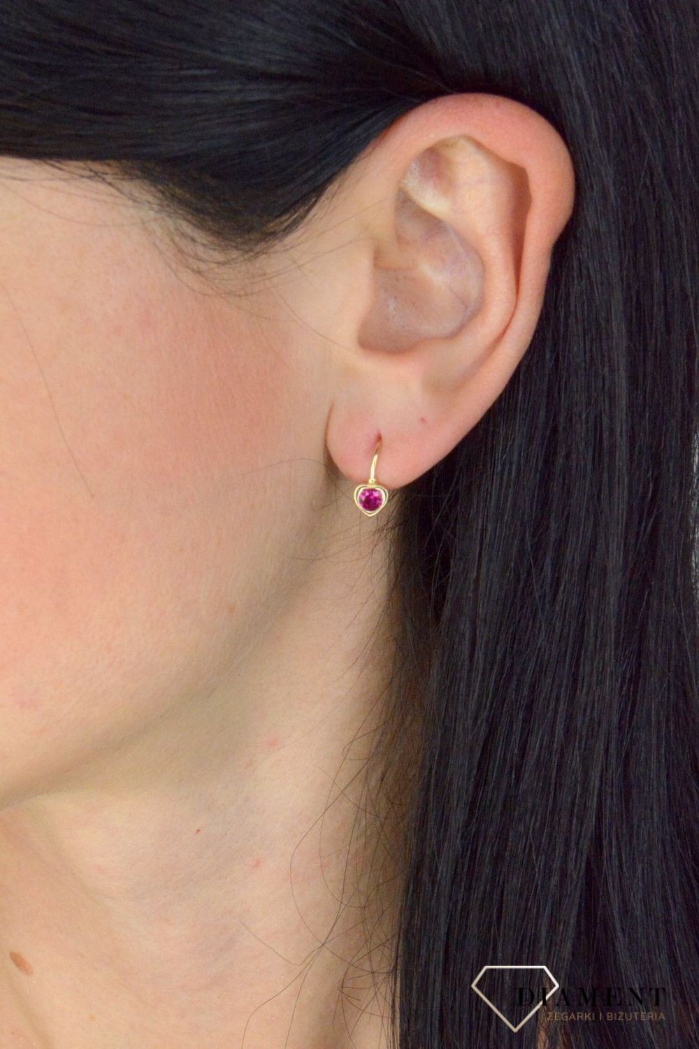 Złote kolczyki dla dziewczynki serduszka z różową cyrkonią DIA-KLC-4412-585.jpg