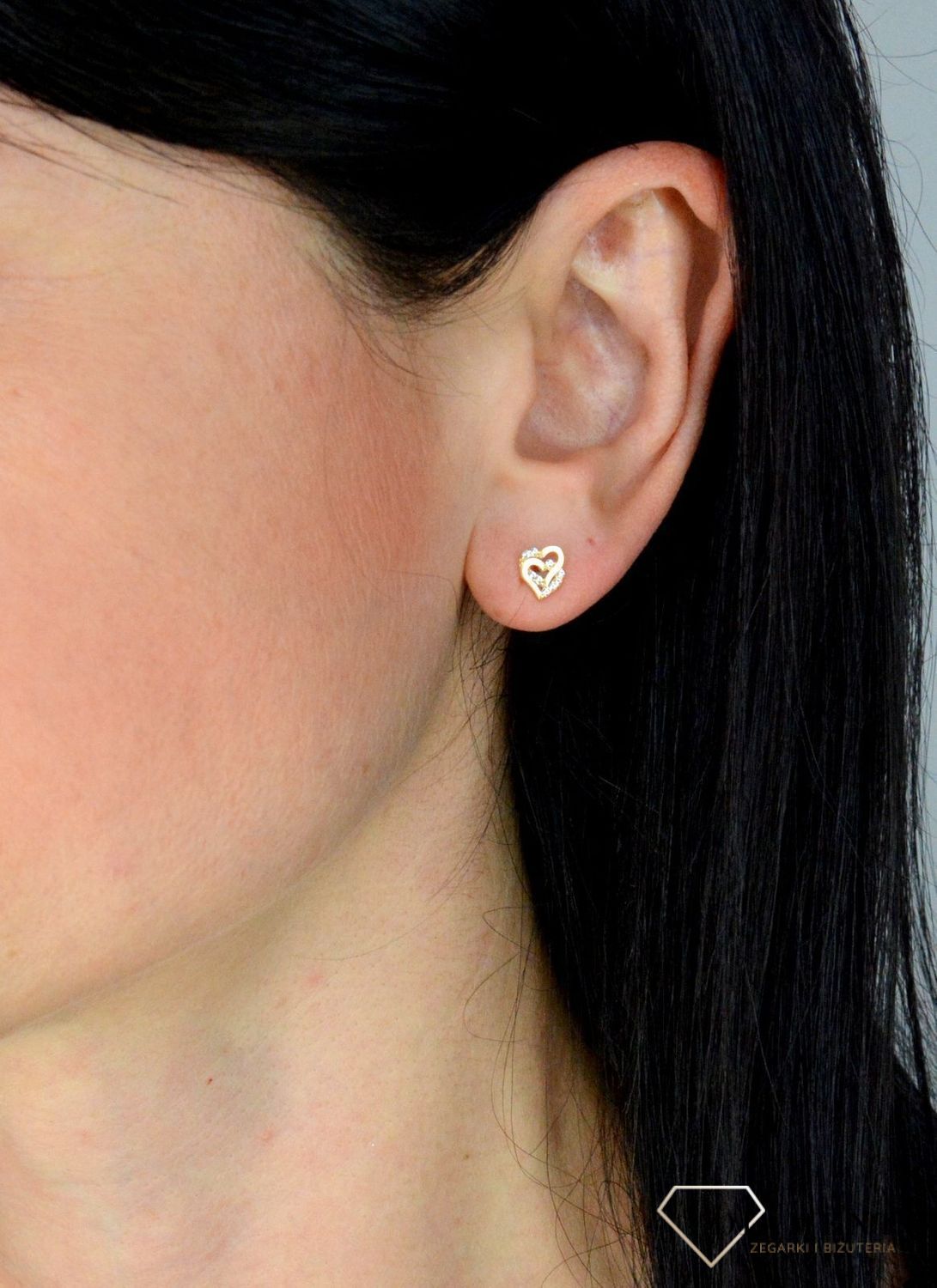 Złote kolczyki dla dziewczynki dwa serduszka, ozdobione cyrkonią DIA-KLC-4414-585.jpg