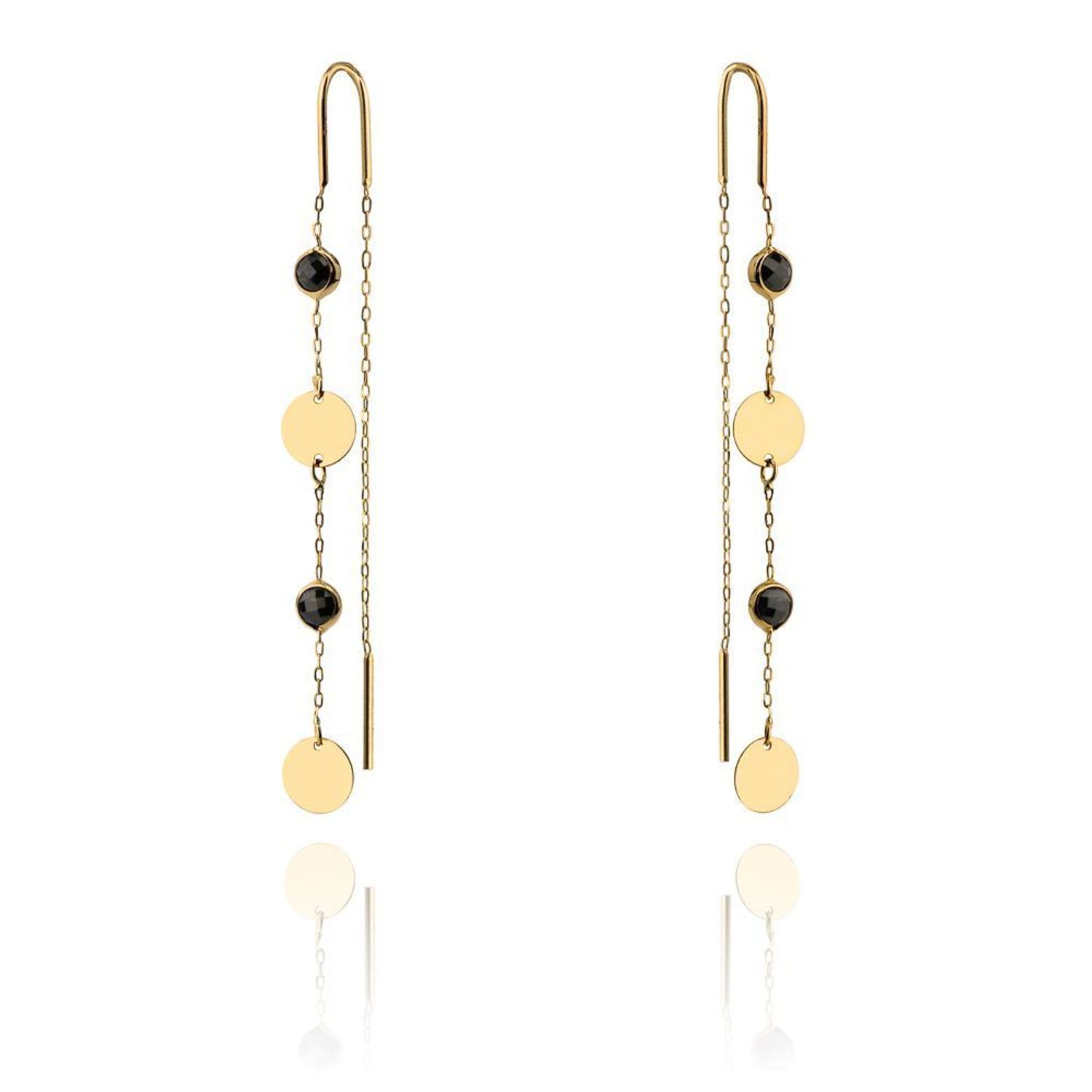 Złote kolczyki przeciągane z okrągłymi blaszkami i czarną cyrkonią DIA-KLC-4420-585.jpg