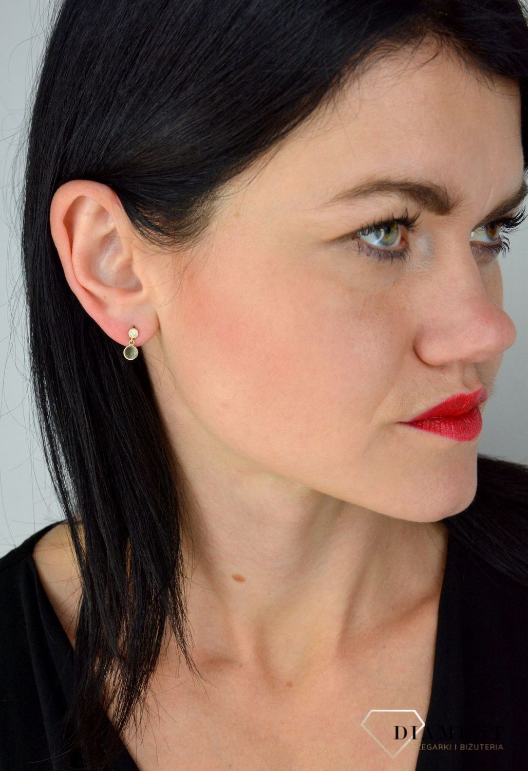 Złote kolczyki wiszące dwa kółka, jedno z nich ozdobione cyrkonią DIA-KLC-4426-585.jpg