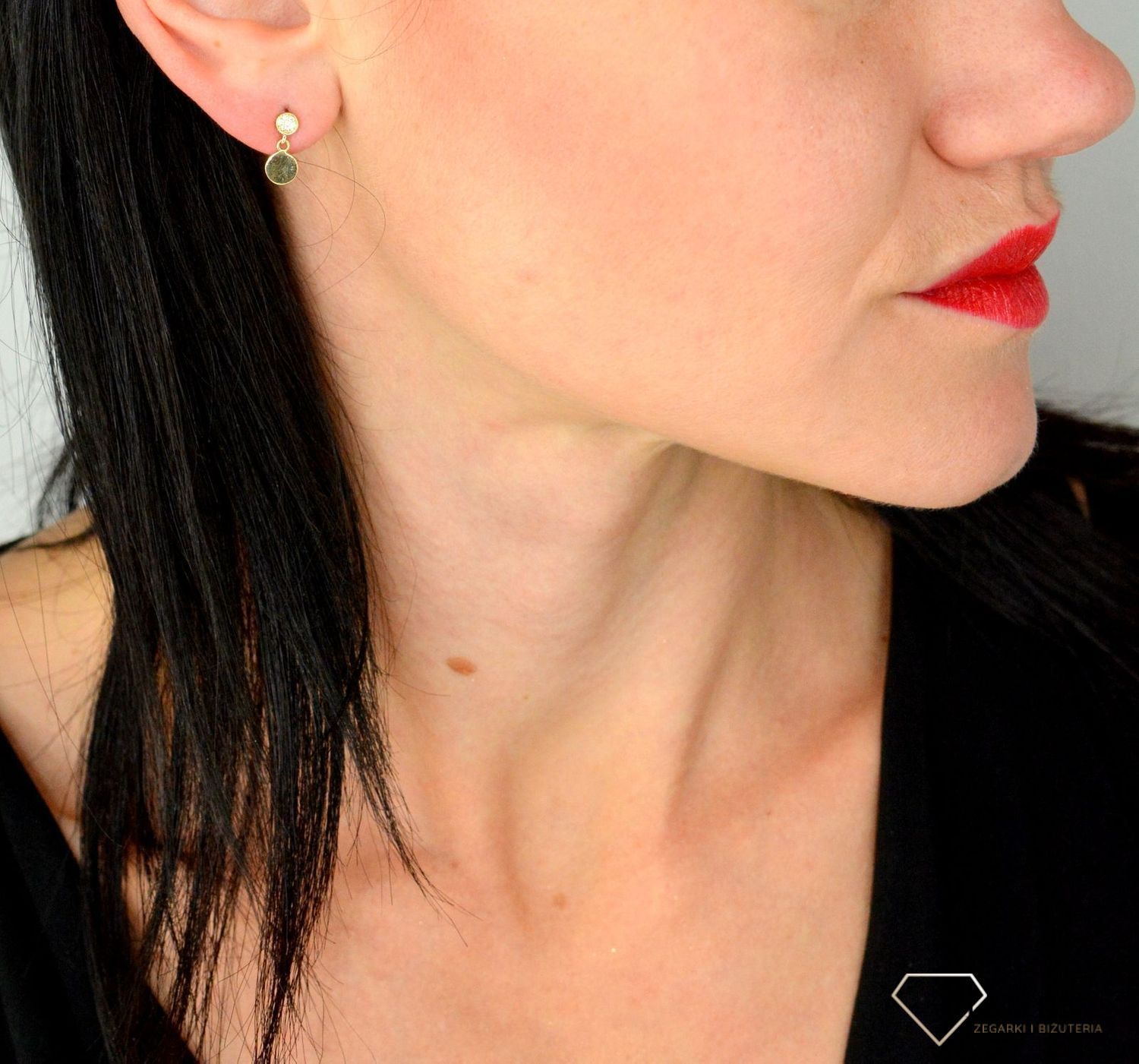 Złote kolczyki wiszące dwa kółka, jedno z nich ozdobione cyrkonią DIA-KLC-4426-585.jpg