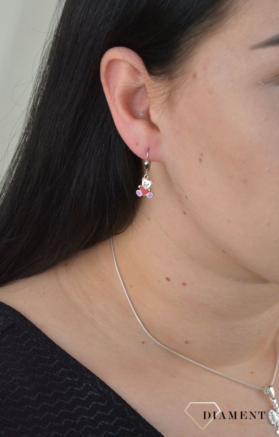 Kolczyki dla dziewczynki wiszące misie z serduszkiem DIA-KLC-4785-925.jpg