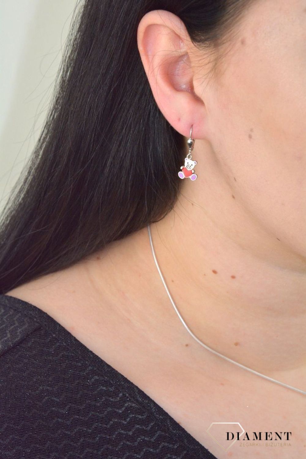 Kolczyki dla dziewczynki wiszące misie z serduszkiem DIA-KLC-4785-925.jpg