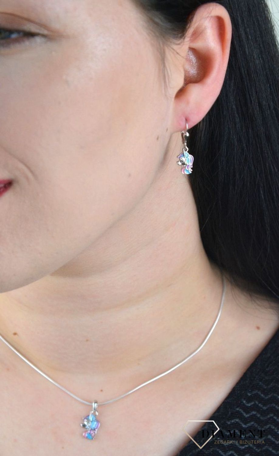 Srebrne kolczyki dziecięce jednorożce z niebiesko-różową Emalią DIA-KLC-4794-925.jpg