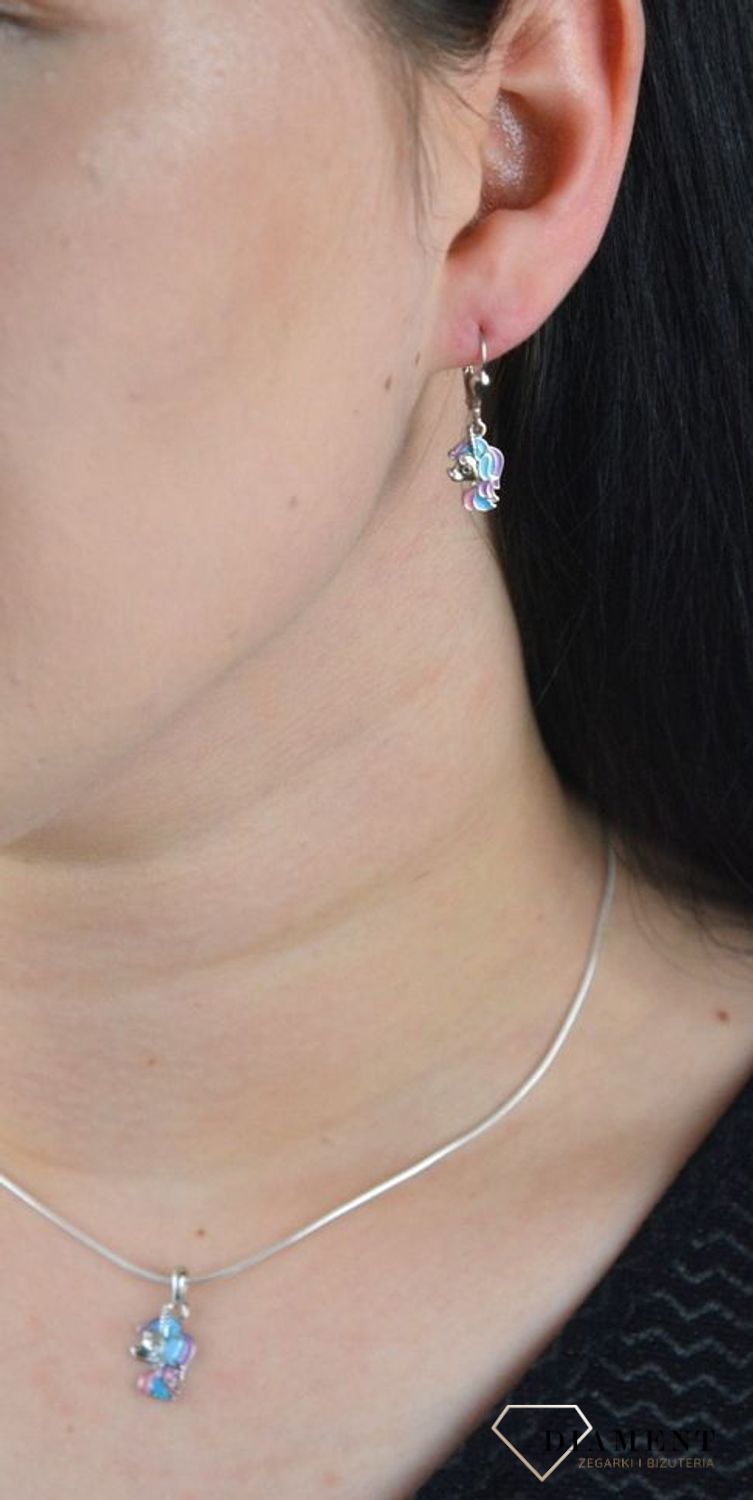 Srebrne kolczyki dziecięce jednorożce z niebiesko-różową Emalią DIA-KLC-4794-925.jpg