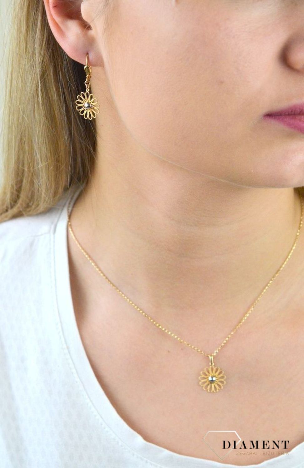 Złote kolczyki wiszące ażurowy kwiatek z białym złotem DIA-KLC-5297-585.jpg