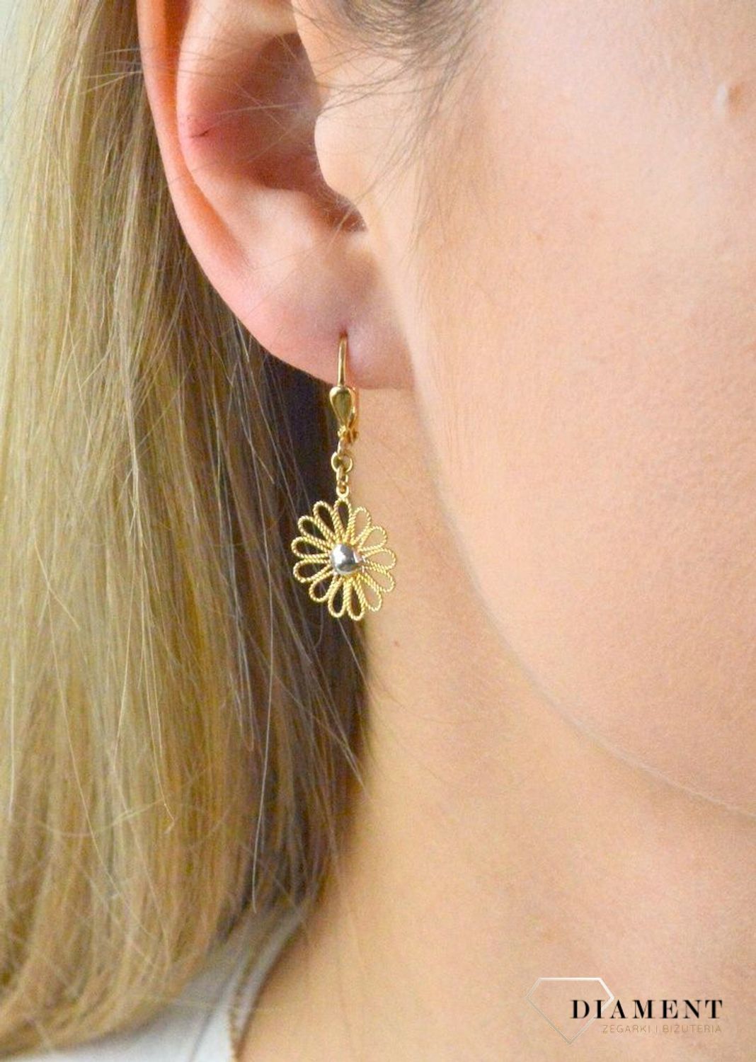 Złote kolczyki wiszące ażurowy kwiatek z białym złotem DIA-KLC-5297-585.jpg