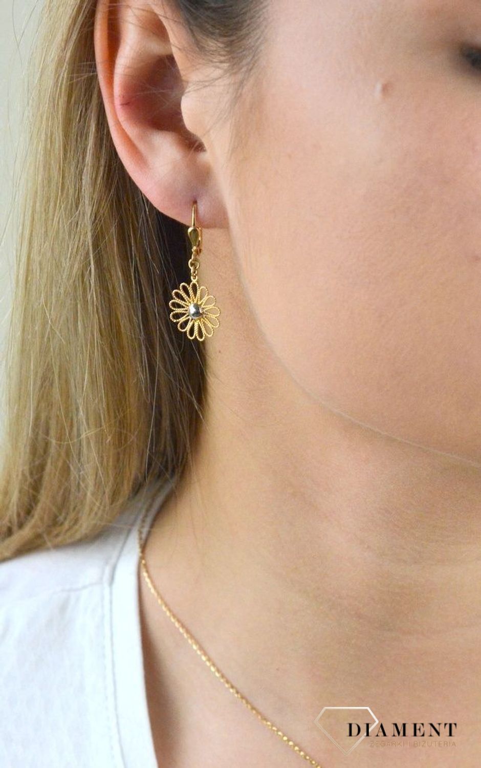 Złote kolczyki wiszące ażurowy kwiatek z białym złotem DIA-KLC-5297-585.jpg