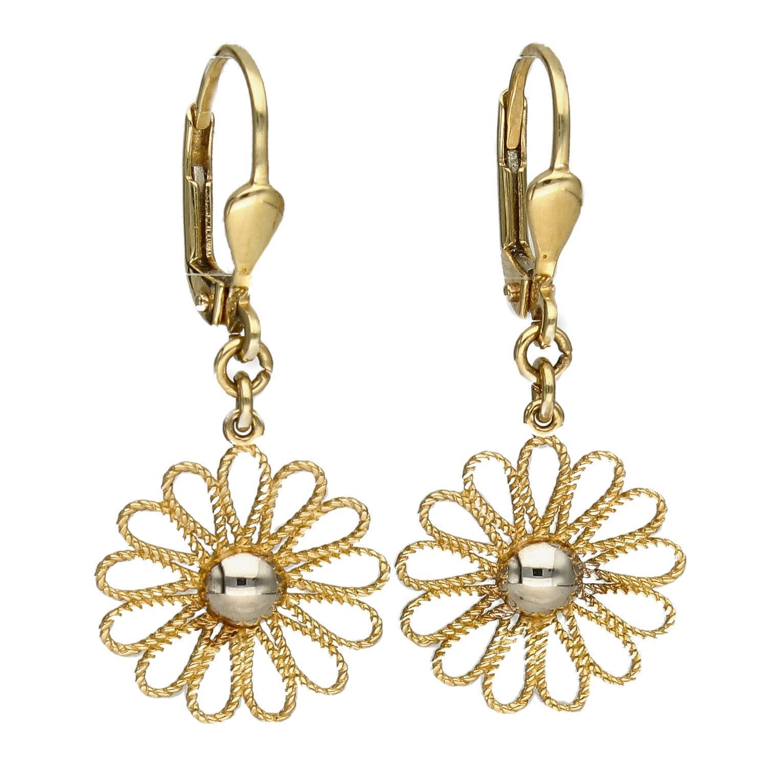 Złote kolczyki wiszące ażurowy kwiatek z białym złotem DIA-KLC-5297-585.jpg