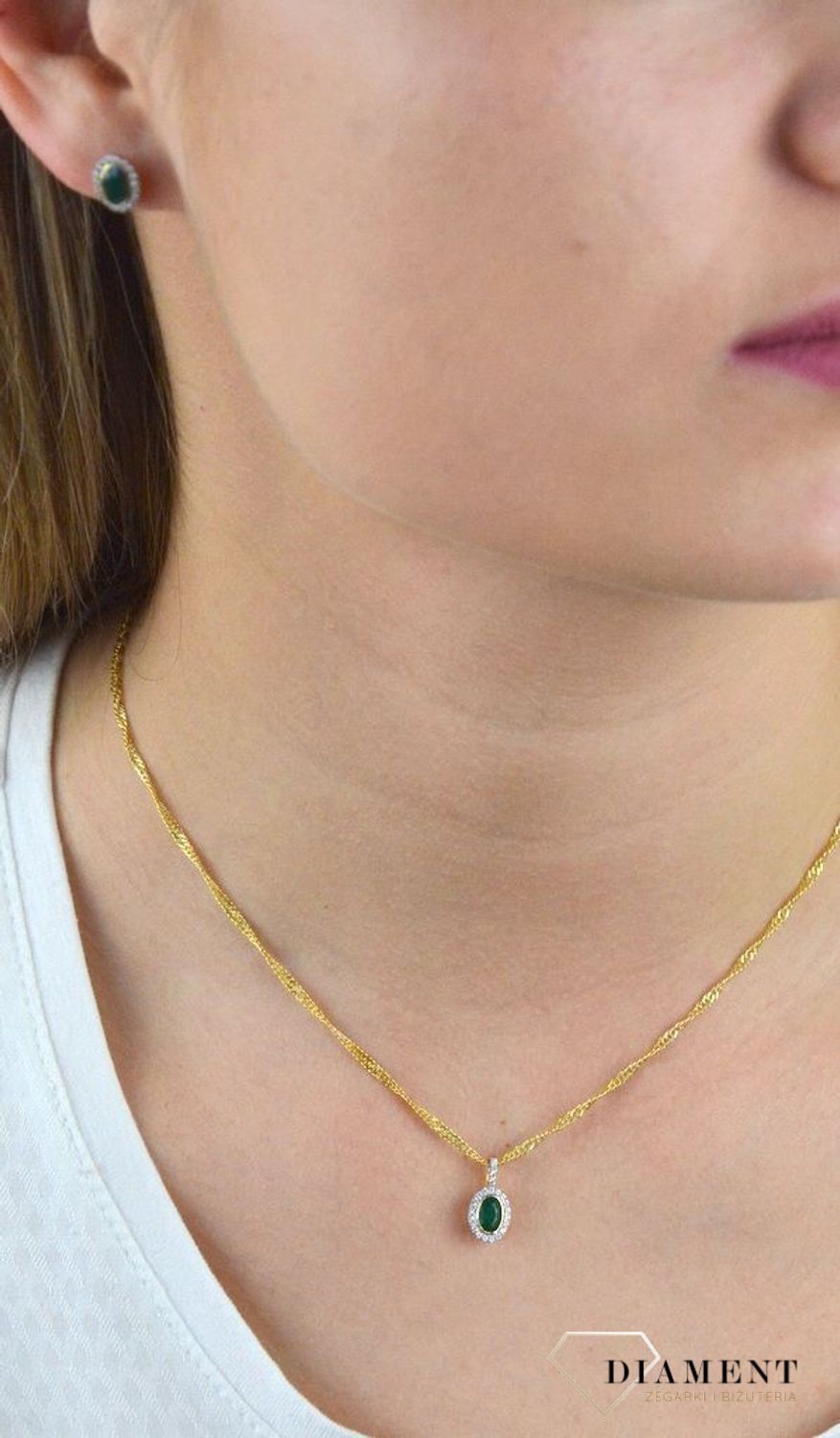 Złote kolczyki na sztyft zielone oczko i biała cyrkonia DIA-KLC-5310-585.jpg