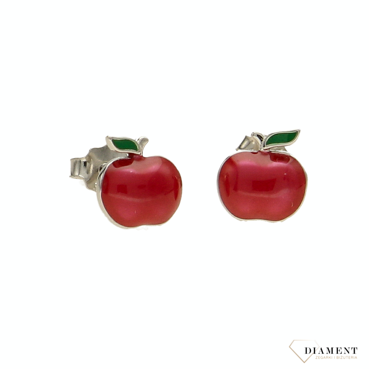 Kolczyki na sztyft 'czerwone jabłko' DIA-KLC-5395-925. Kolczyki czerwone jabłuszka DIA-KLC-5395-925. Srebrne kolczyki wkrętki wykonane z próby 925 pomalowane czerwoną i zieloną emalią w kształcie jabłuszek..png