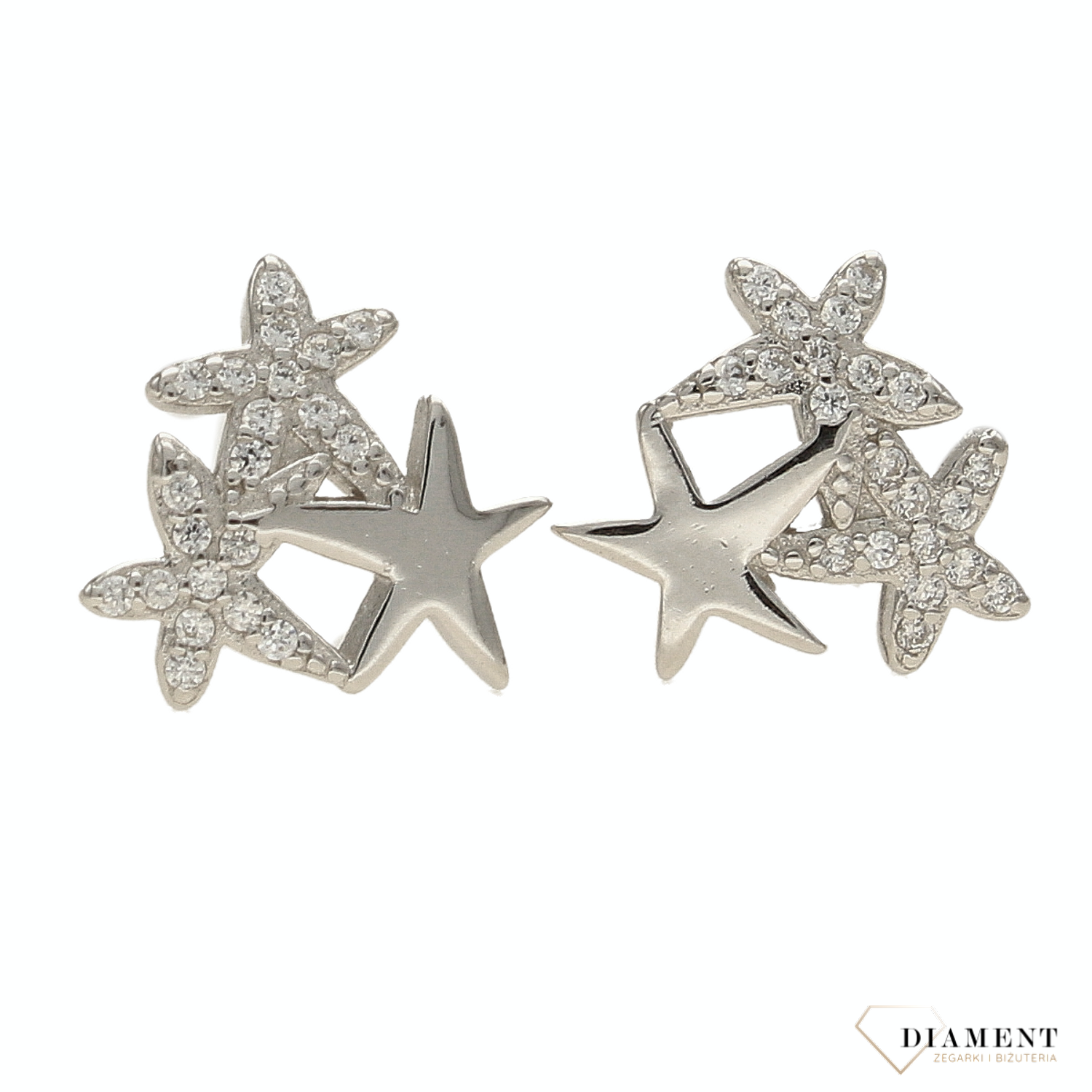 Srebrne kolczyki trzy gwiazdki z cyrkonią DIA-KLC-5397-925. Srebrne kolczyki gwiazdki na sztyft z cyrkonią. Delikatne kolczyki celebrytki wykonane z najwyższej jakości srebrna próby 925..png