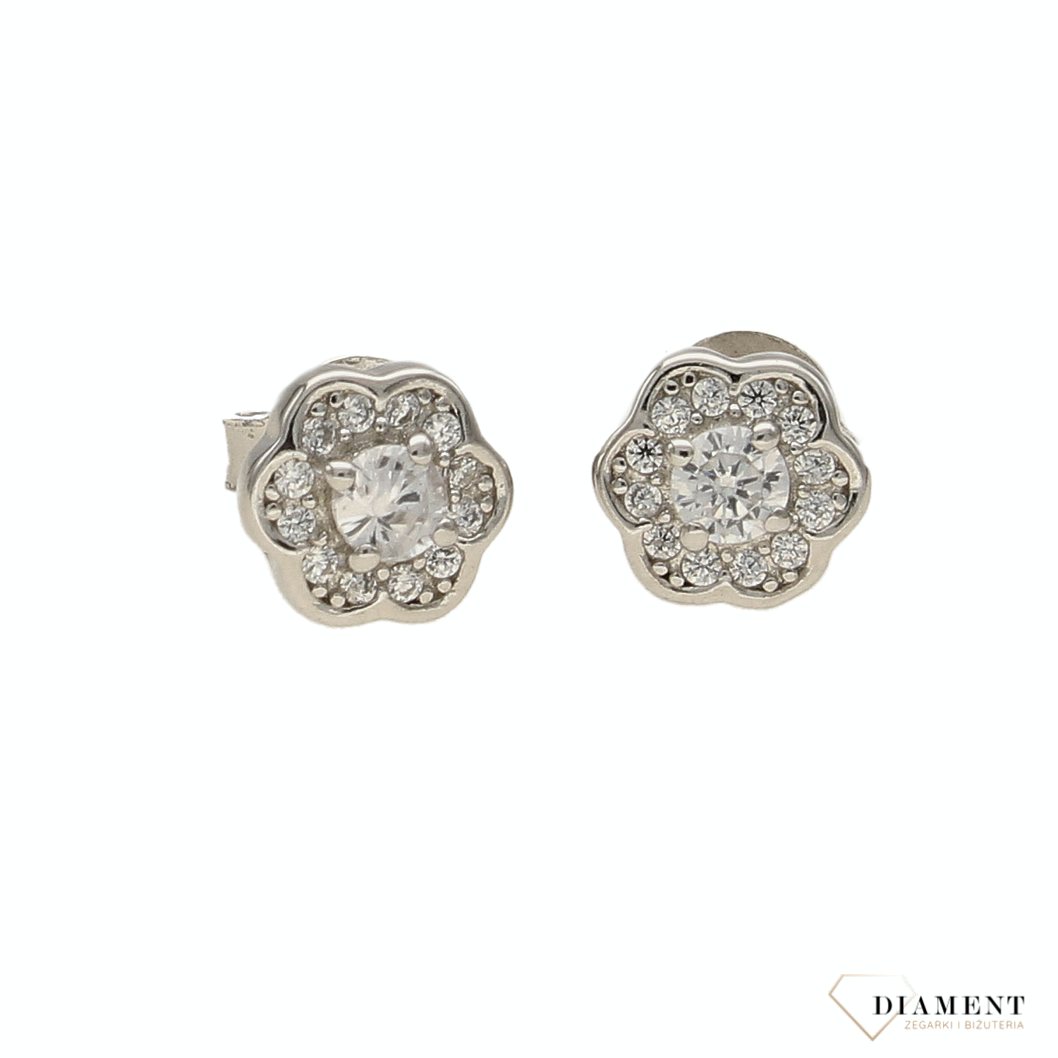 Srebrne kolczyki kwiatki z cyrkonią DIA-KLC-5401-925. Kolczyki damskie. Kolczyki dziecięce. Idealny pomysł na prezent. Wygodne zapięcie na sztyft..png
