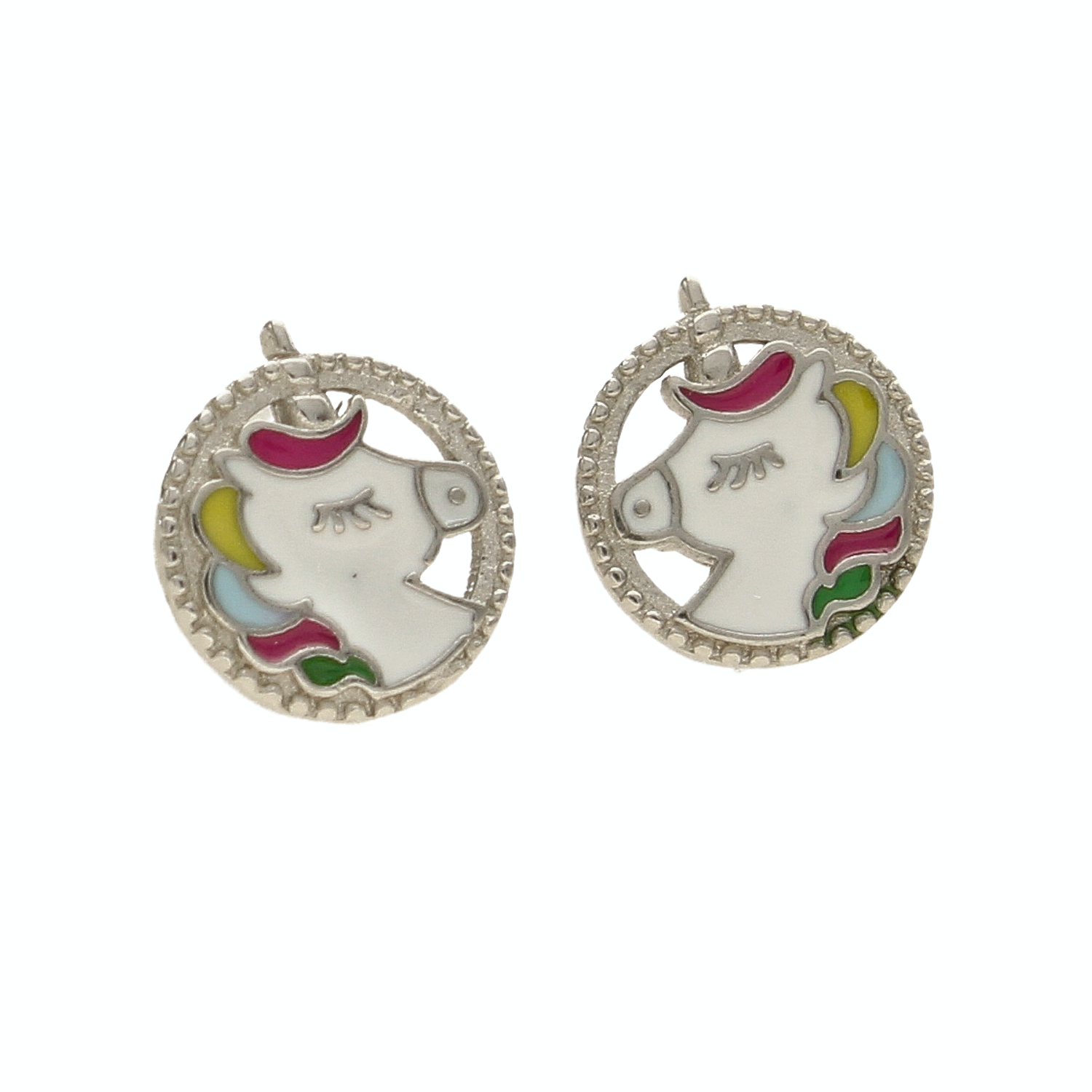 Kolczyki dziecięce wkrętki jednorożce DIA-KLC-5442-925. Kolczyki dla dziewczynki koła z kolorowym jednorożcem. Kolczyki zostały wykonane z najwyższej jakości srebra próby 925. Kolczyki na sztyft..png