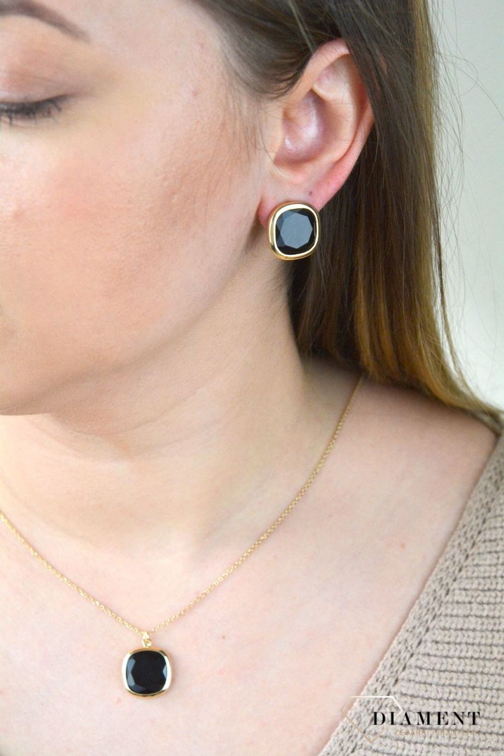 Pozłacane Kolczyki kwadraciki Dall'acqua Sublime Onyks 925 DIAMENT DIA-KLC-5537-925.jpg