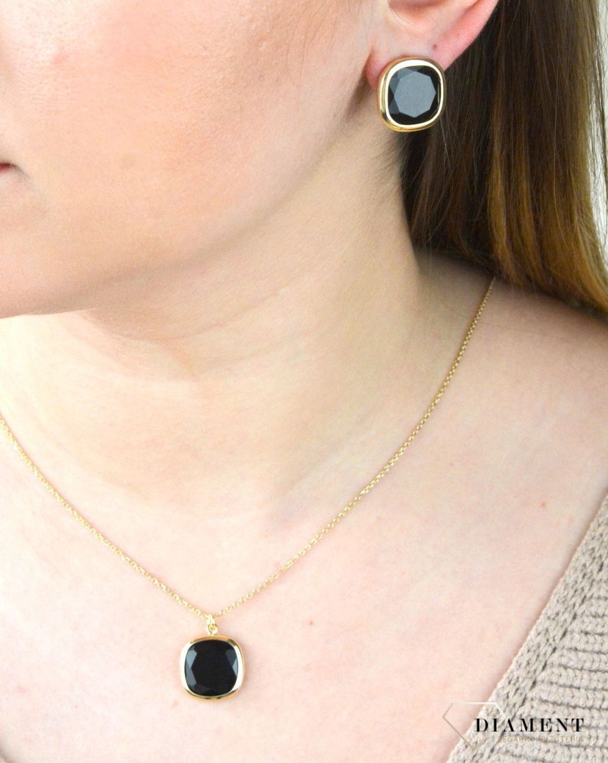 Pozłacane Kolczyki kwadraciki Dall'acqua Sublime Onyks 925 DIAMENT DIA-KLC-5537-925.jpg